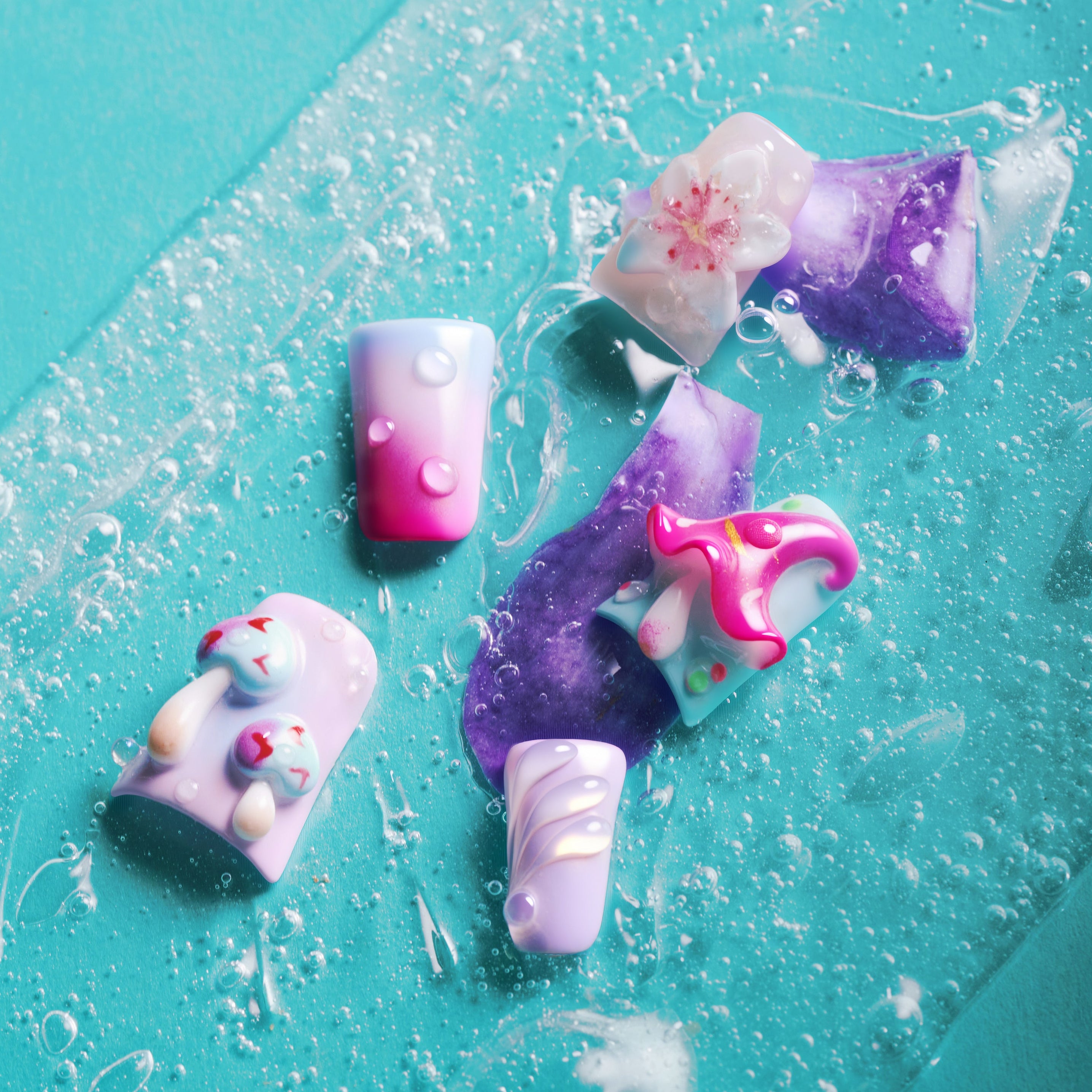 Pastel fantasy press on nails with 3D mushrooms, floral details, and dreamy gradient nail art.