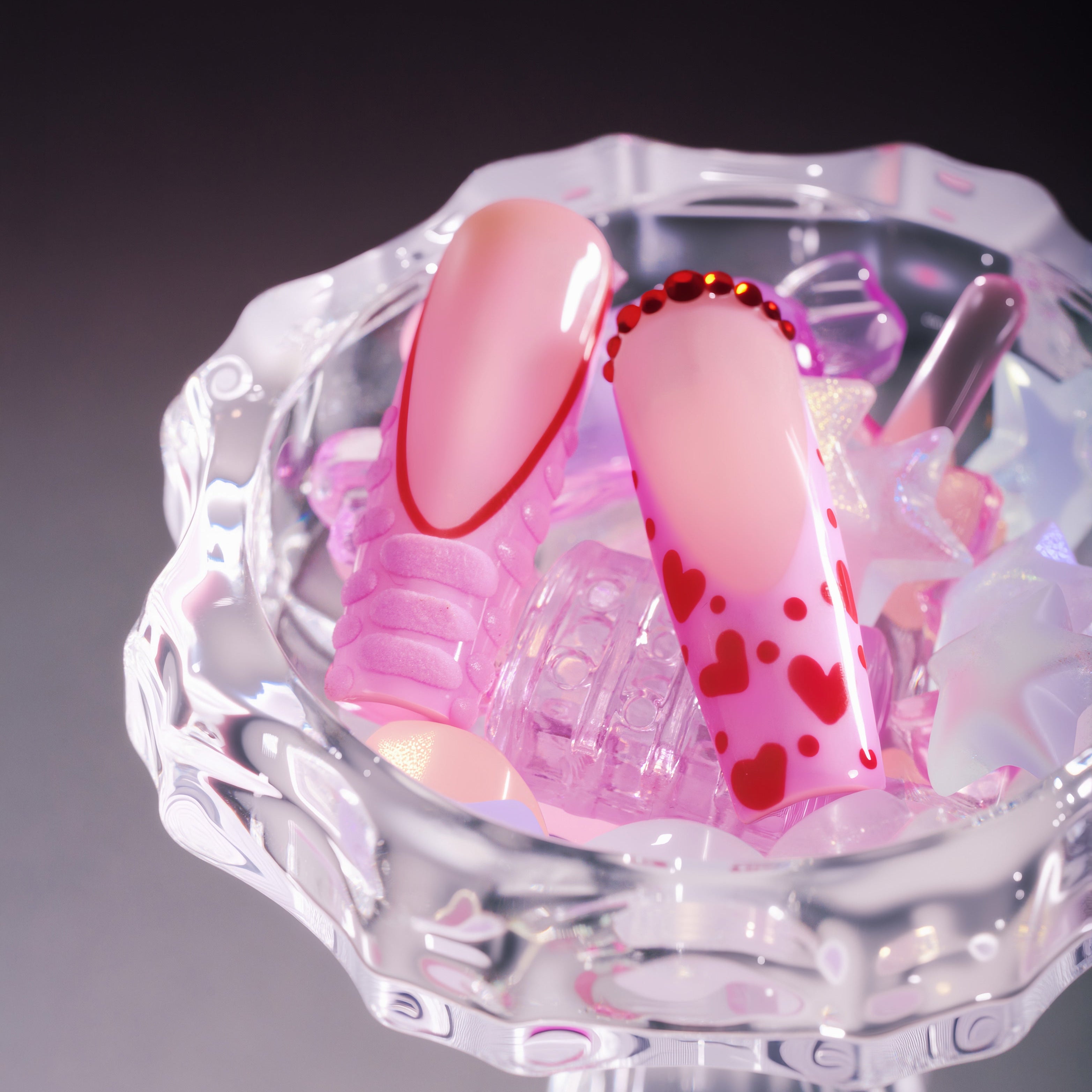 Pink flutter press on nails with heart tips and textured pink 3D edges, long coffin nails, cute valentine style.