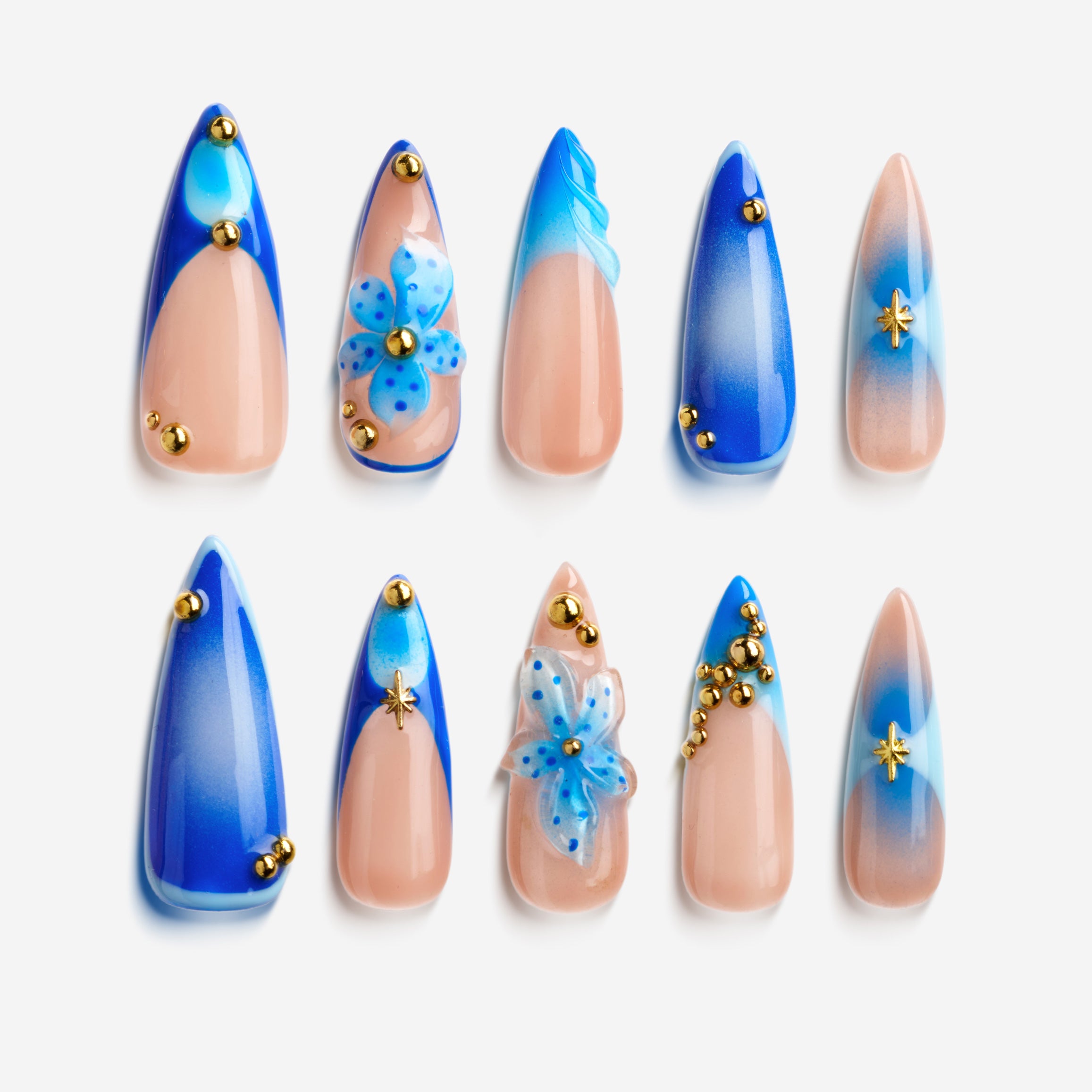 Azure Flutter press on nails with blue gradient design, 3D floral accents and gold beads