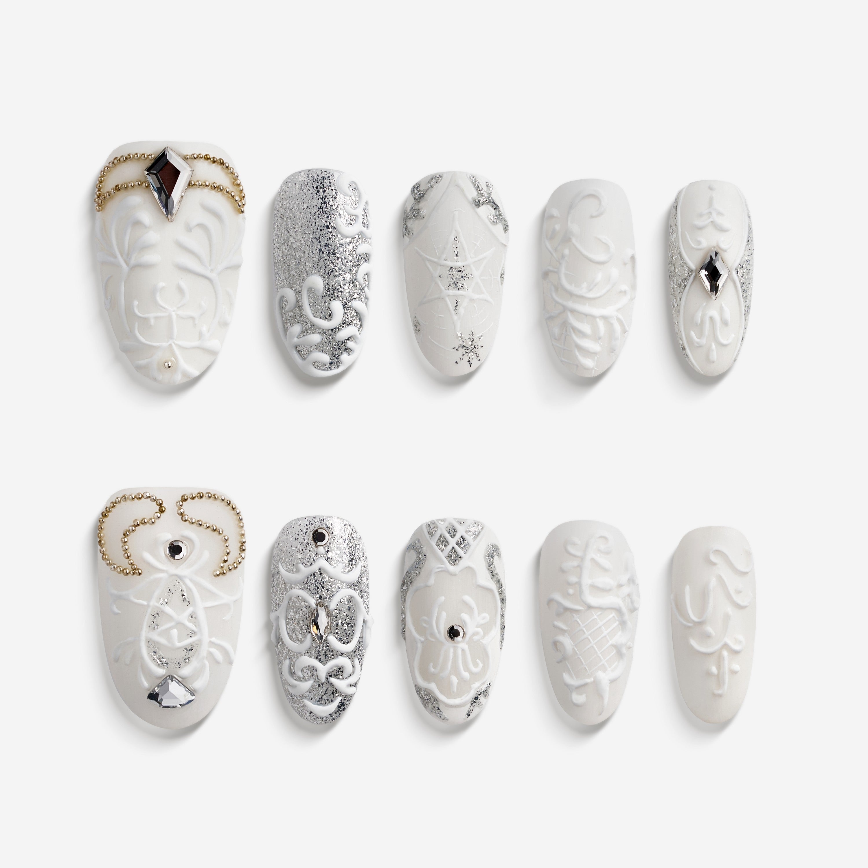 White sculpted pearl wedding press on nails by BOXNAIL. Classic bridal manicure for formal weddings.