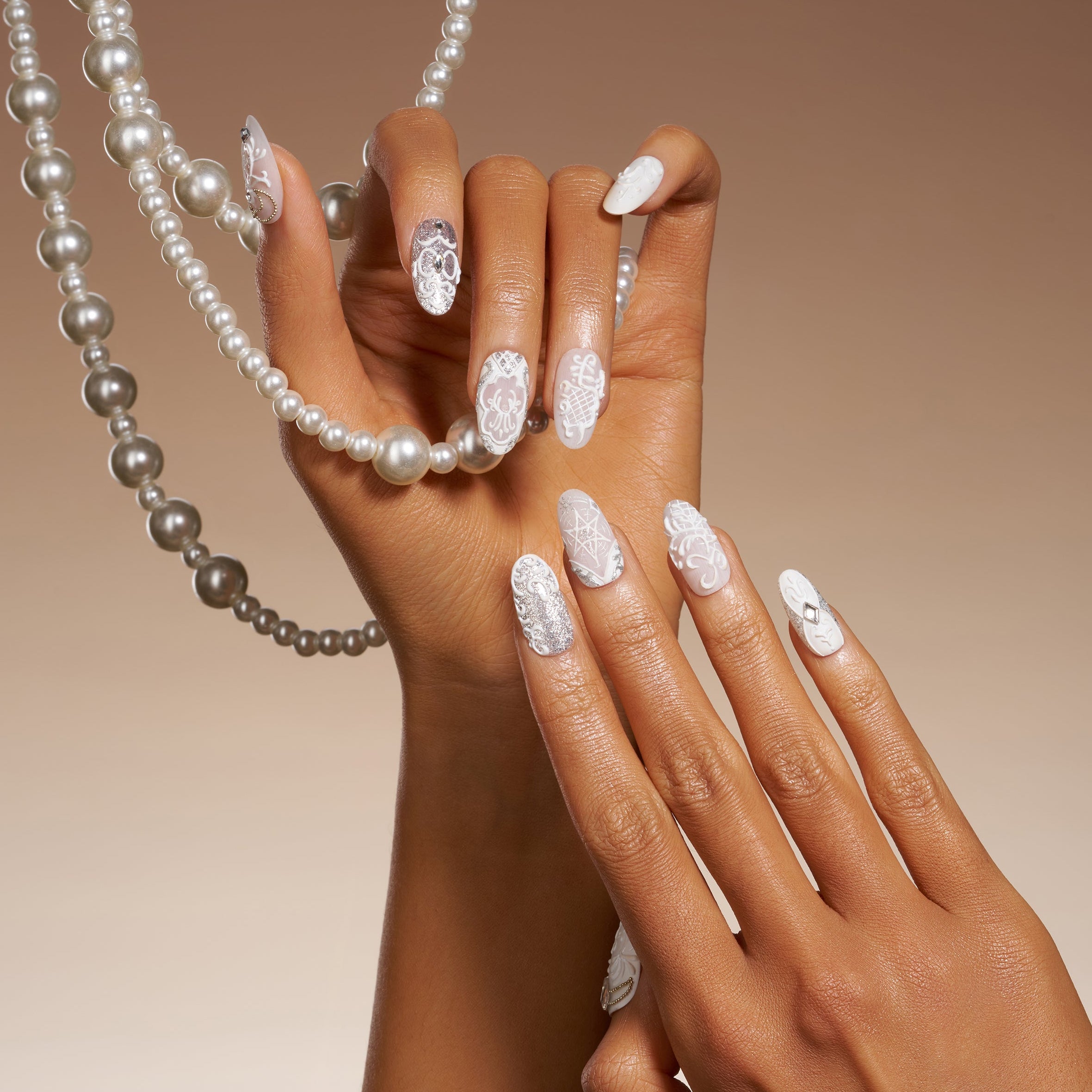 White sculpted pearl wedding press on nails by BOXNAIL. Classic bridal manicure for formal weddings.