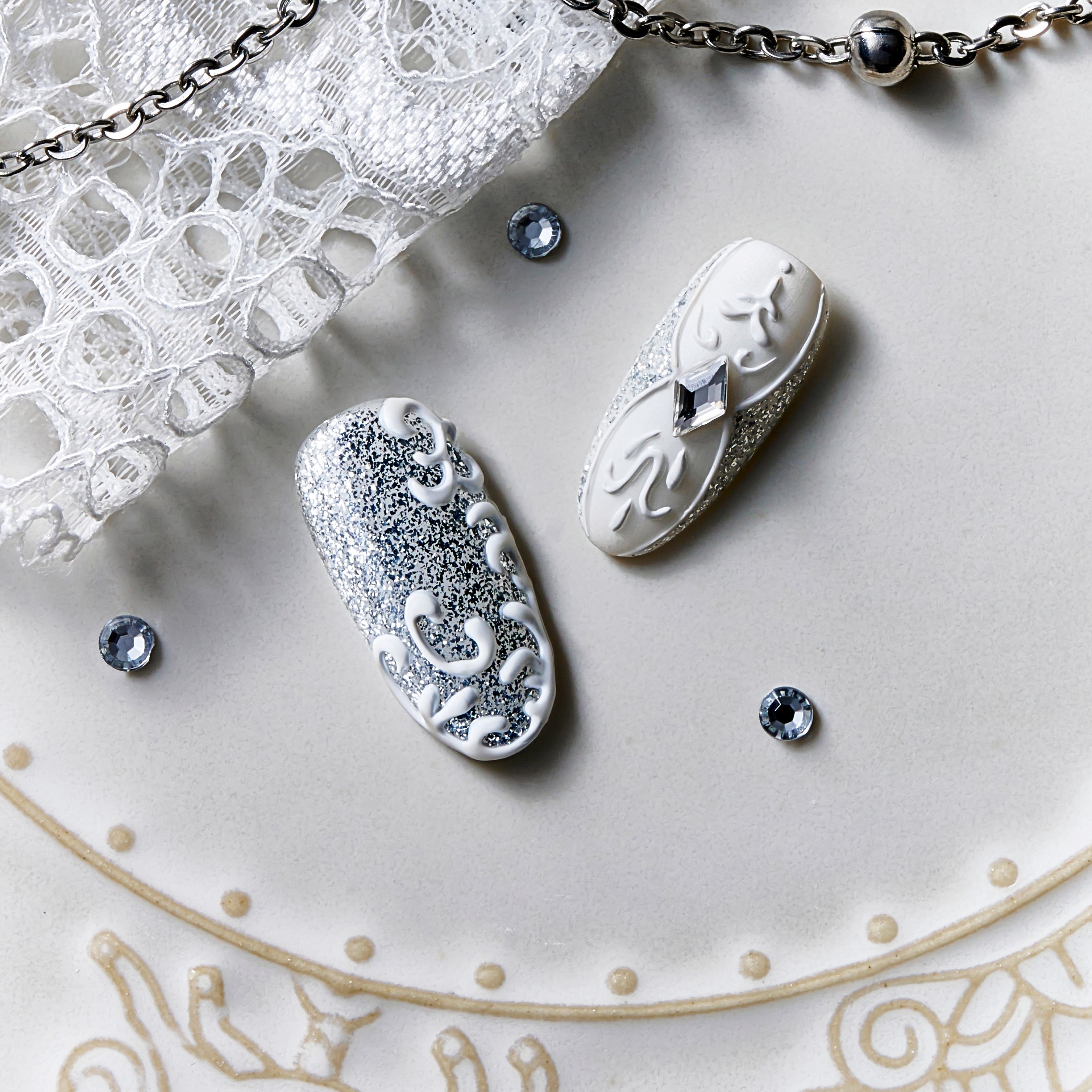 White sculpted pearl wedding press on nails by BOXNAIL. Classic bridal manicure for formal weddings.