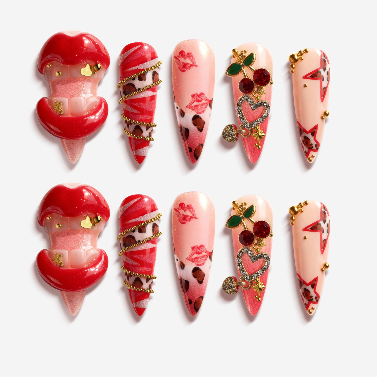 Press on nails with 3D red lips, cherry charm, leopard print, and pink-red mixed designs