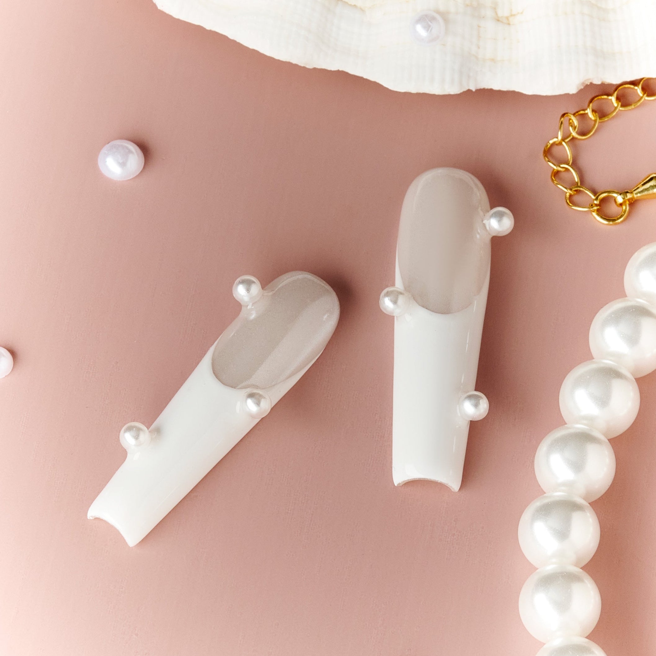 Cloud Porcelain Drop press on nails with milky base and pearl accents