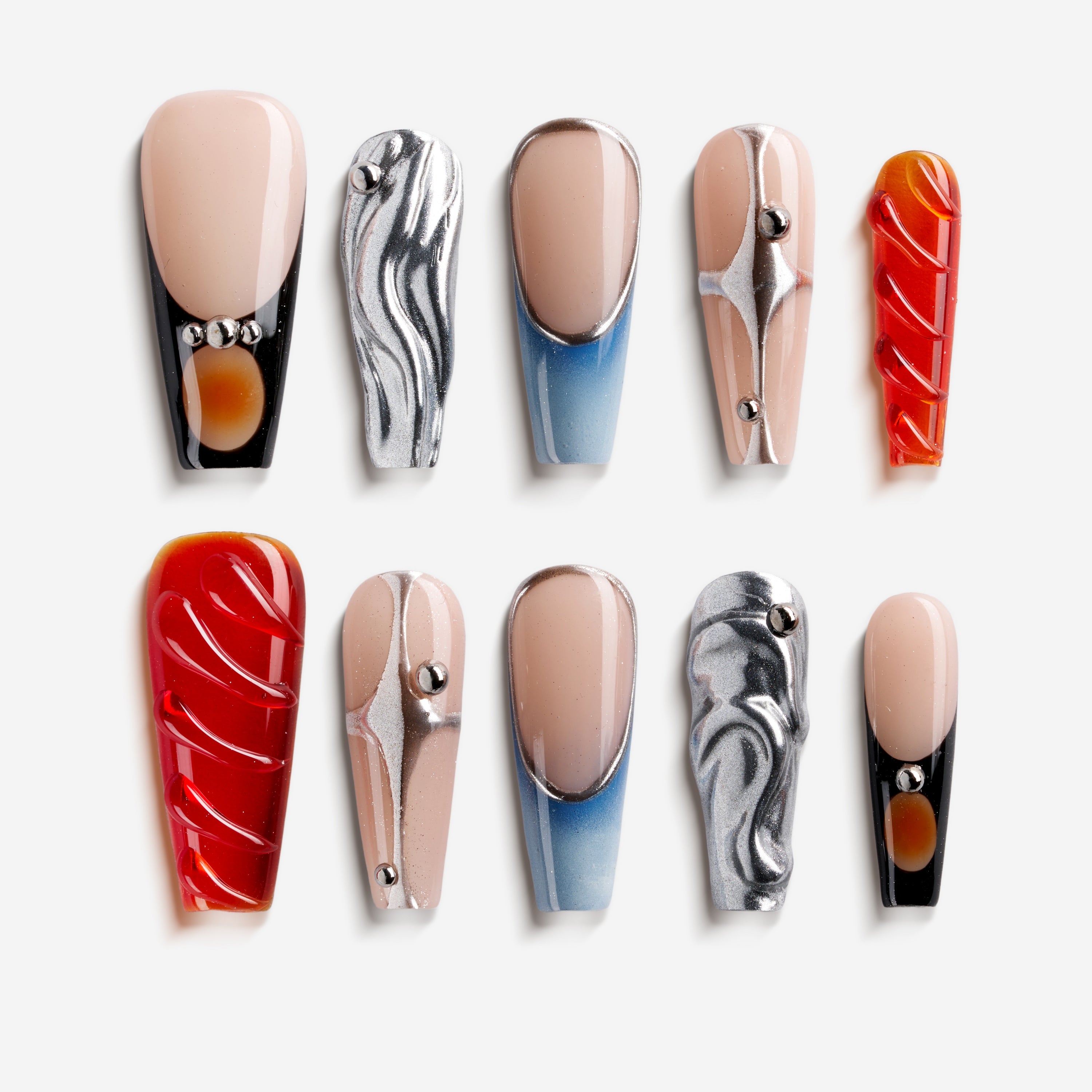 Cold toned coffin press on nails featuring silver chrome waves and blue gradient accents. Futuristic, glossy and reusable.