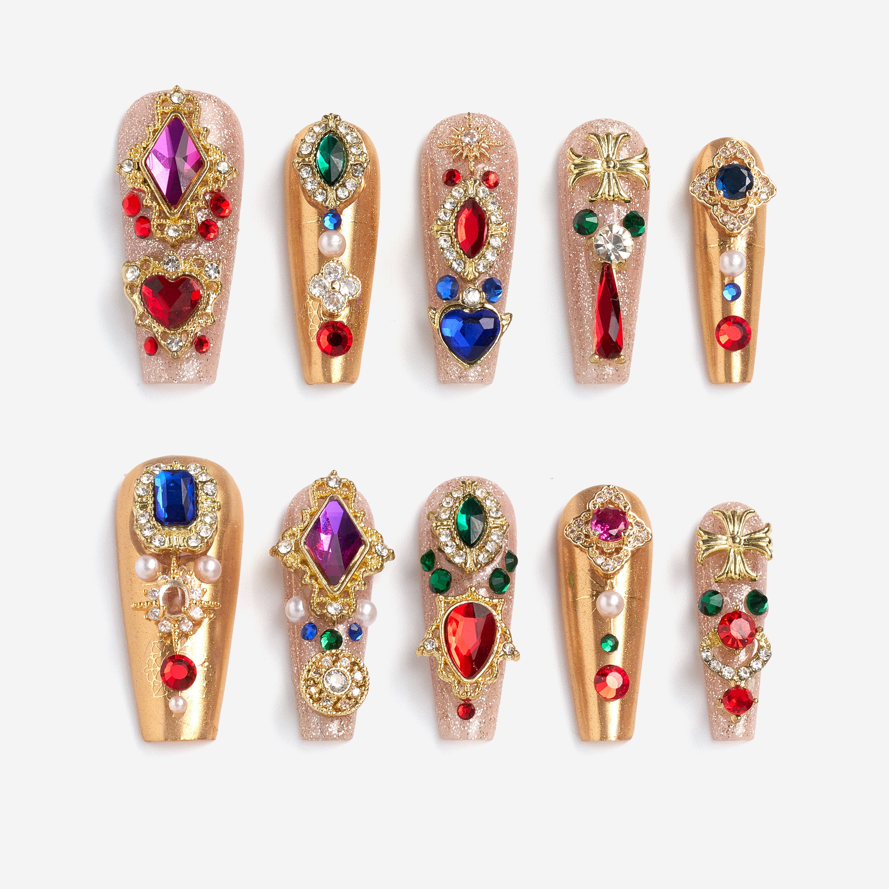 Royal-inspired luxury press on nails with ornate gemstone details. Handmade reusable nail art set with elegant impact.
