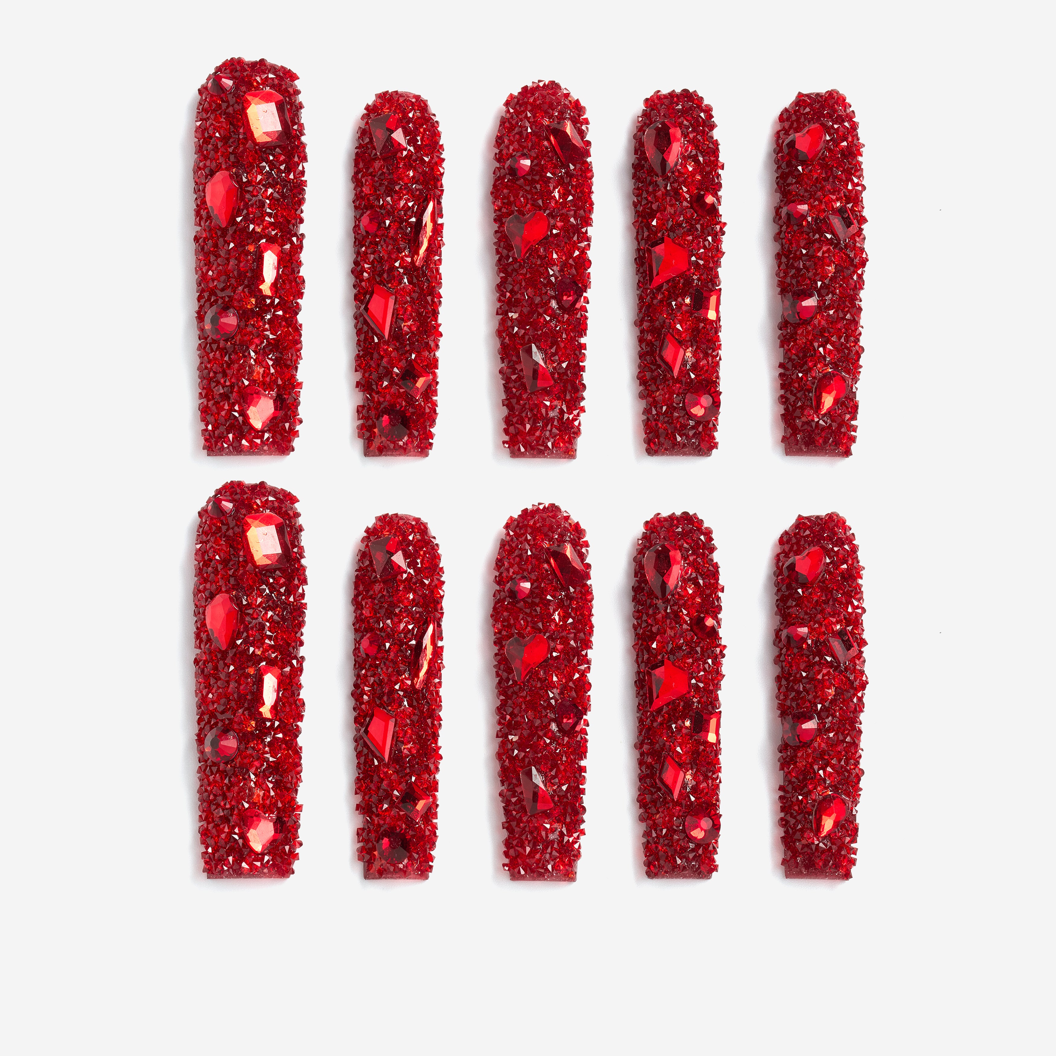 Deep red crystal press on nails with full sparkle coverage. Handmade luxury nail art set for bold glamour looks.