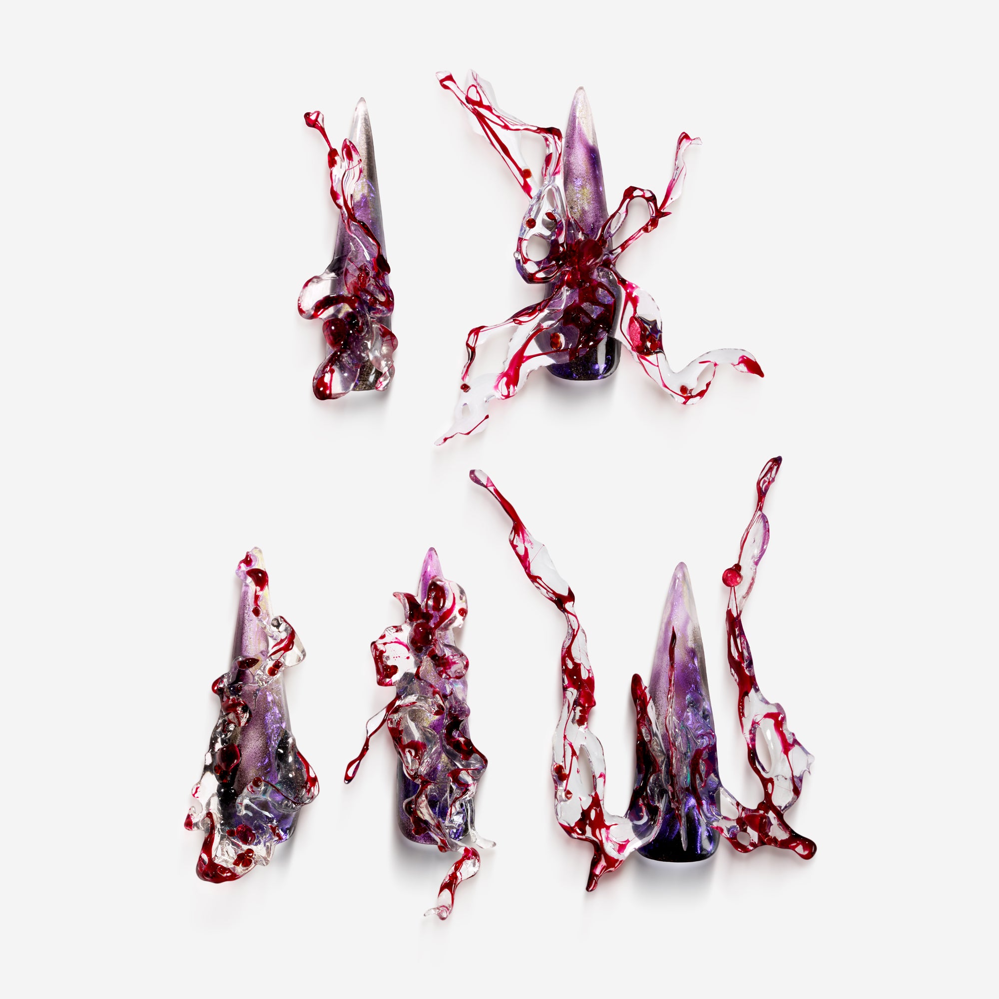 Amethyst Blood Dance – Halloween press on nails featuring purple-black gradient bases with 3D red tendril effects, perfect for witches, gothic looks, and haunted night themes.