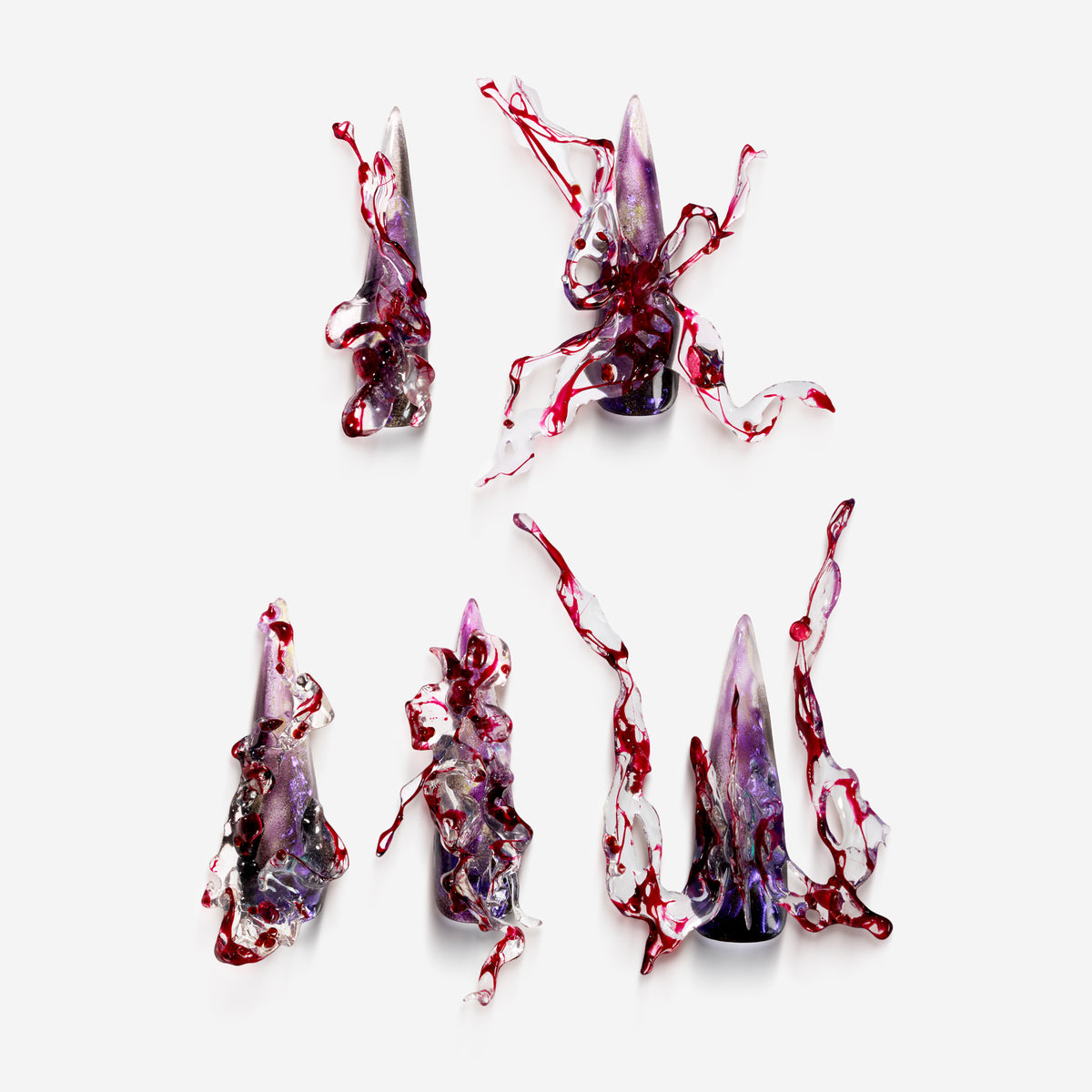 Amethyst Blood Dance – Halloween press on nails featuring purple-black gradient bases with 3D red tendril effects, perfect for witches, gothic looks, and haunted night themes.