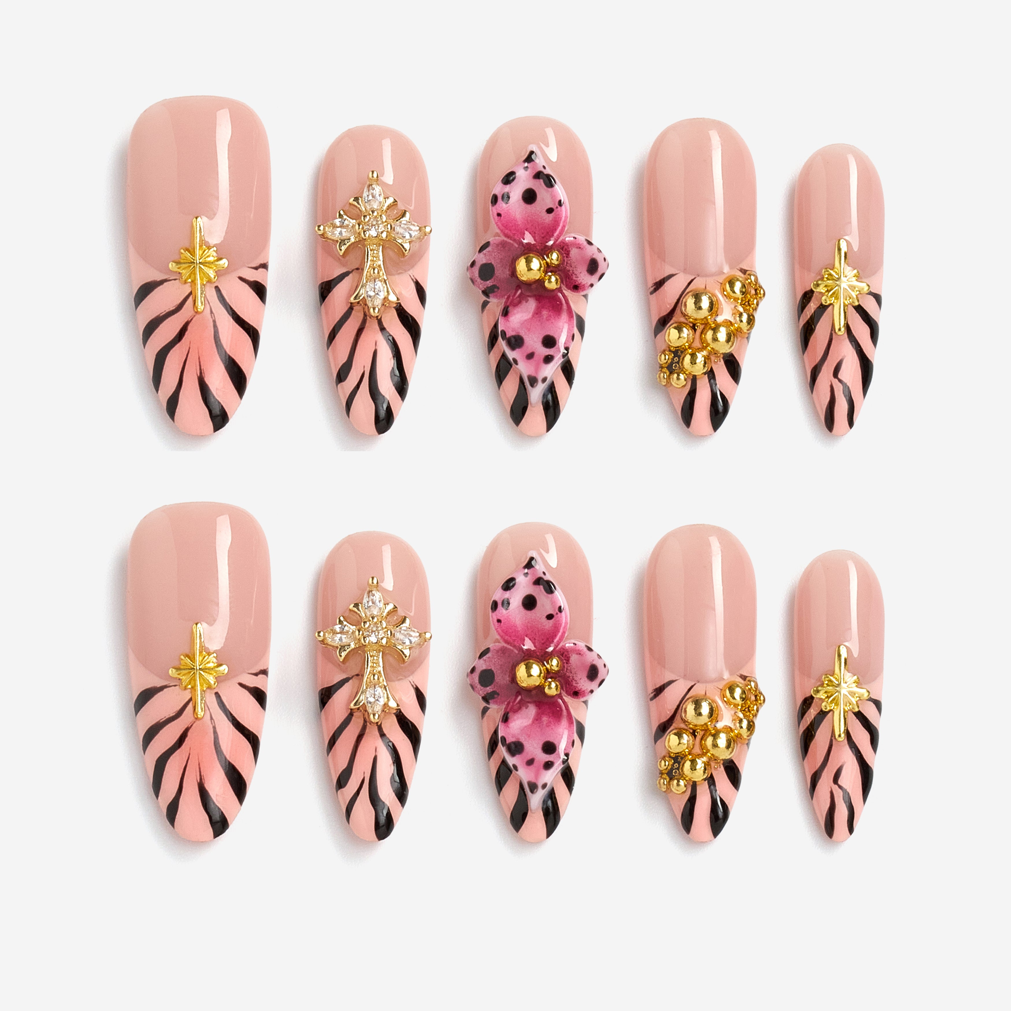 Dresup warm neutral press on nails with gold and crystal details. Handmade reusable nail art set for everyday elegance.