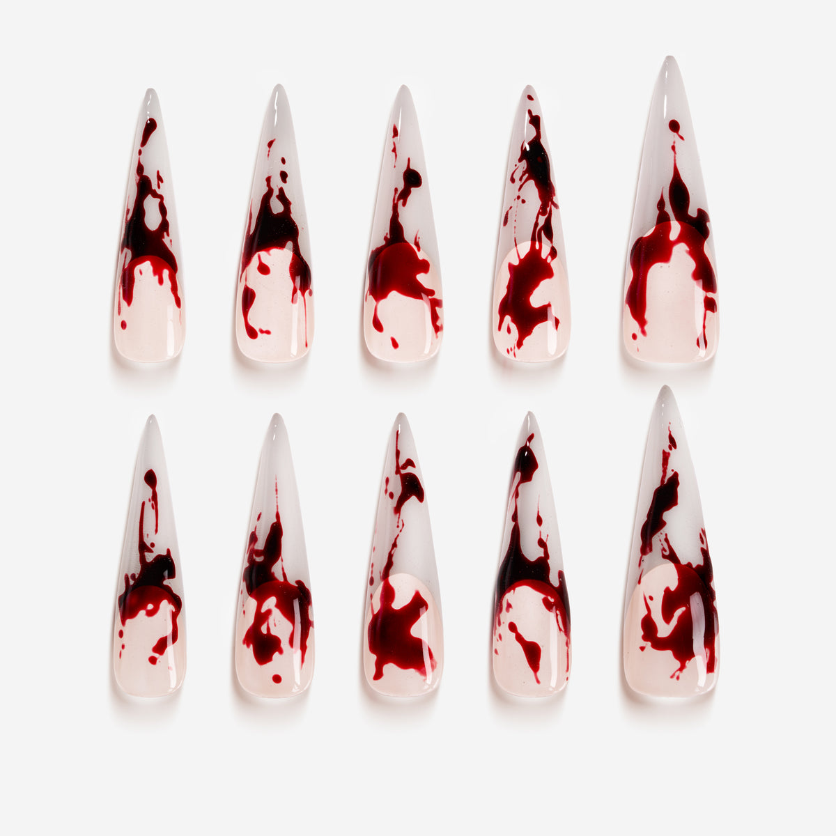 Blood Splatter – Halloween press on nails with white base and dripping red blood design