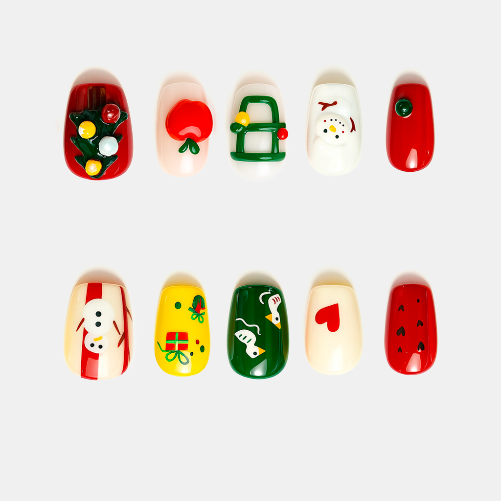 Cheerful Snowman – colorful Christmas press-on nails with snowman, apple, and gift box 3D decorations