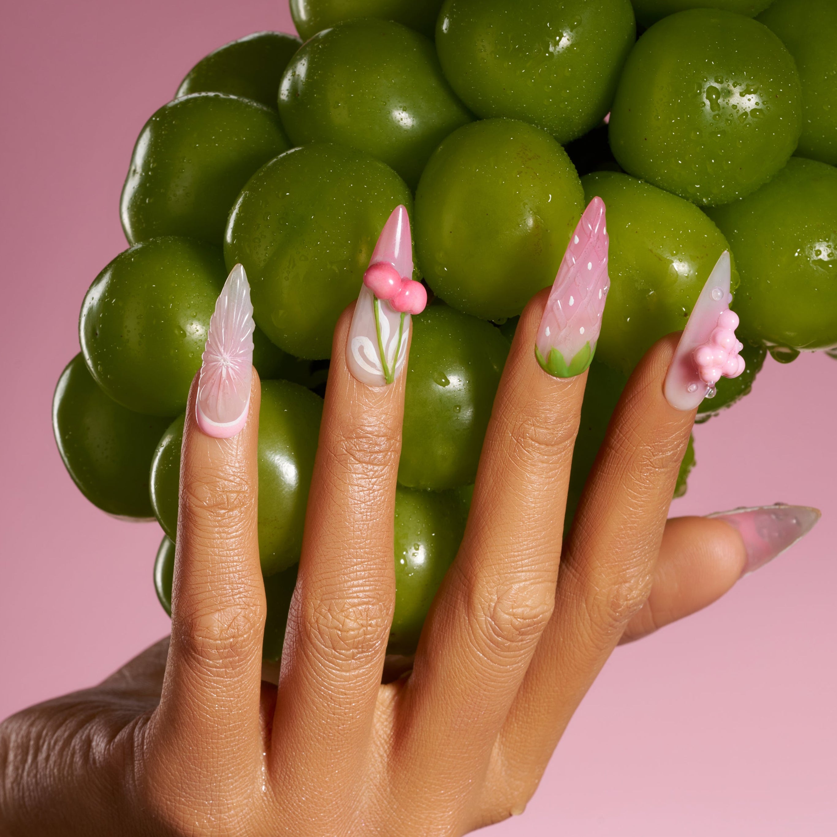 Cherry Pop Fizz – playful pink press on nails with 3D cherries, gradient shimmer and bubble details