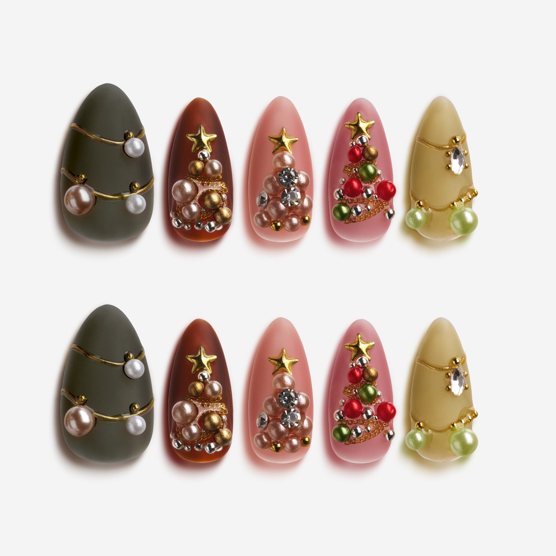 Glittering Starry Night – metallic Christmas press-on nails with pearls, ornaments, and Christmas tree jewel designs