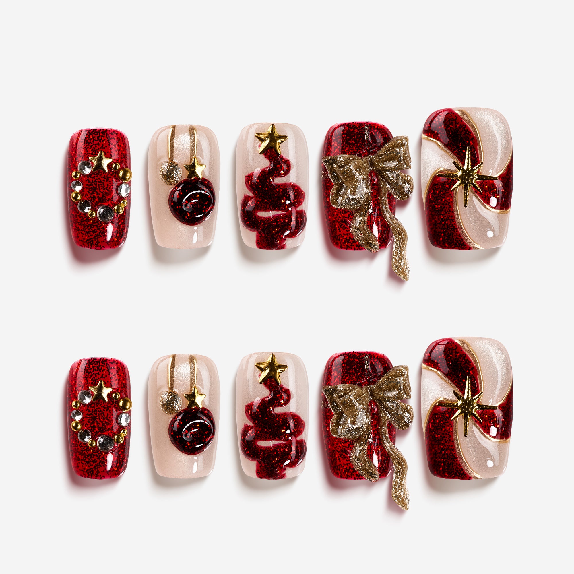 Glittery Wishes – red and gold Christmas nails with 3D bows, ornaments, and star accents