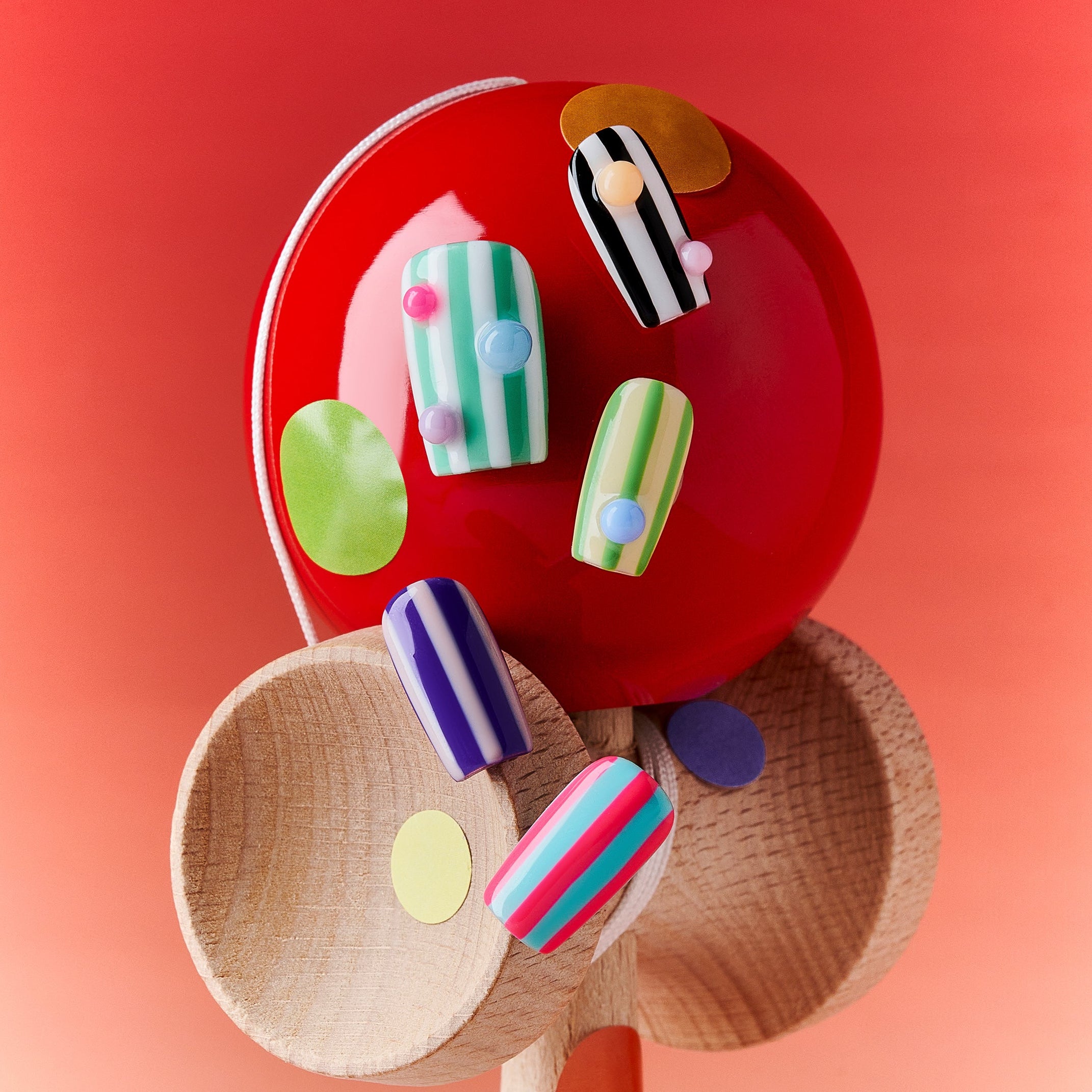 Playful Stripe – colorful striped press-on nails with 3D pastel dots