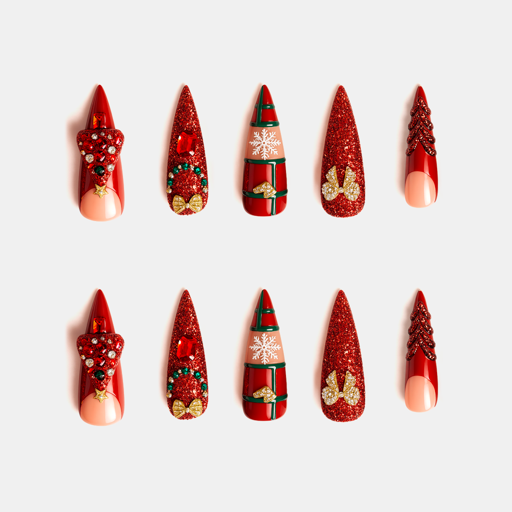Ruby Brilliance – red glitter Christmas nails with gold ribbon and 3D Christmas tree accents