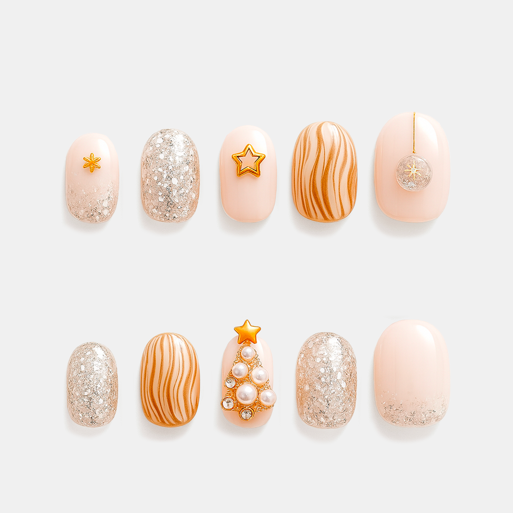 Snow Dance Silver Bells – glitter silver and nude Christmas nails with gold star and pearl accents