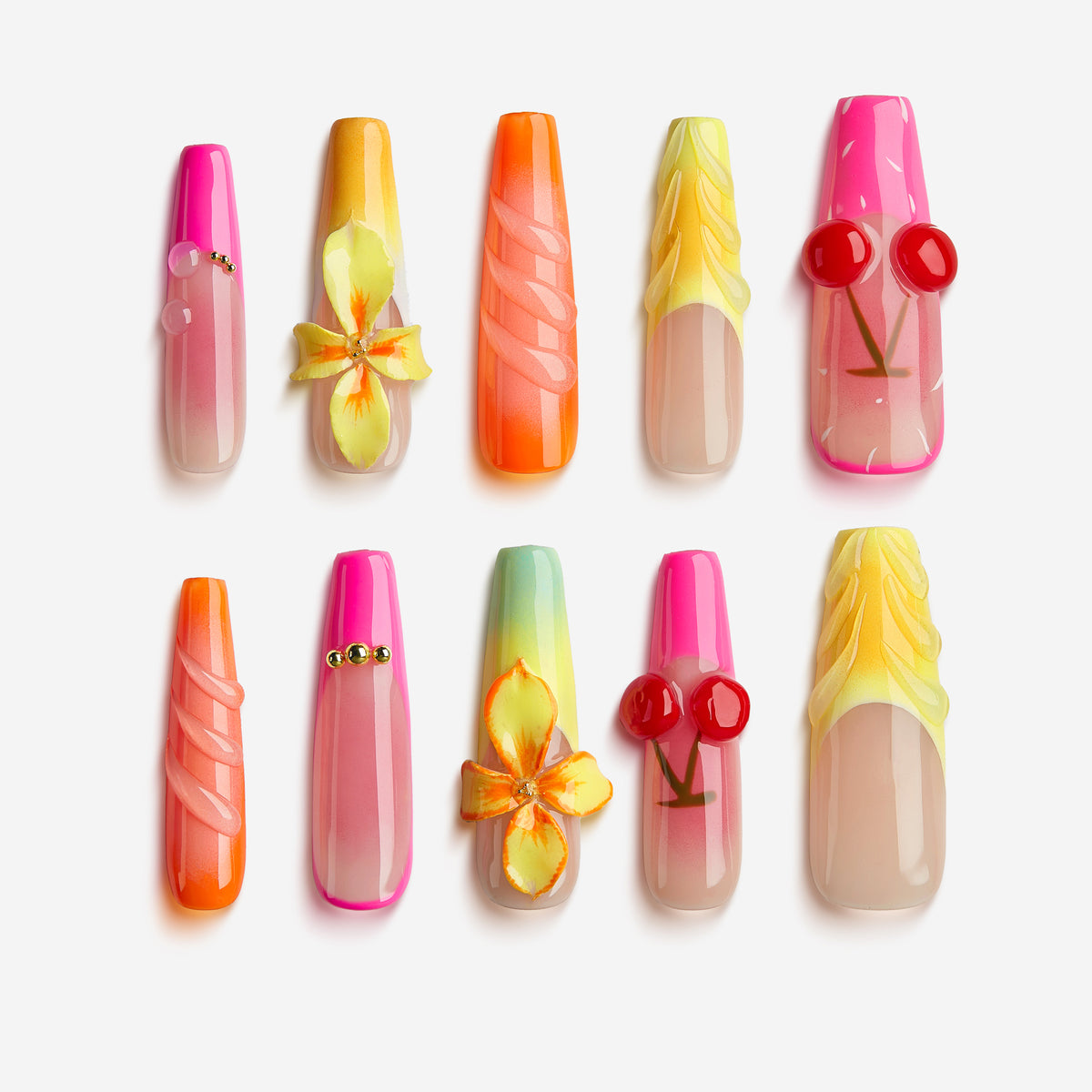 Sunset Cherry – fruity press on nails with cherry motifs, gradient sunset tones, and floral accents