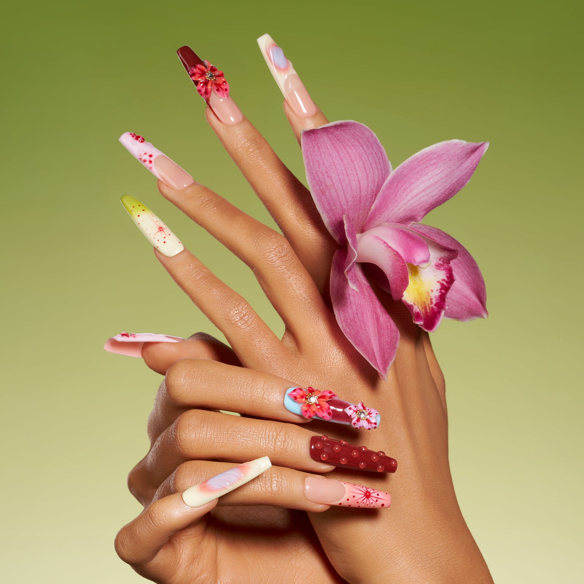 Wildberry Petals – vibrant press on nails with deep berry tones, floral accents, and textured 3D dots