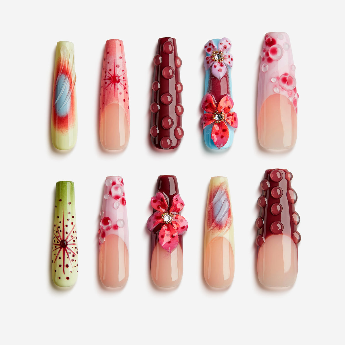 Wildberry Petals – vibrant press on nails with deep berry tones, floral accents, and textured 3D dots