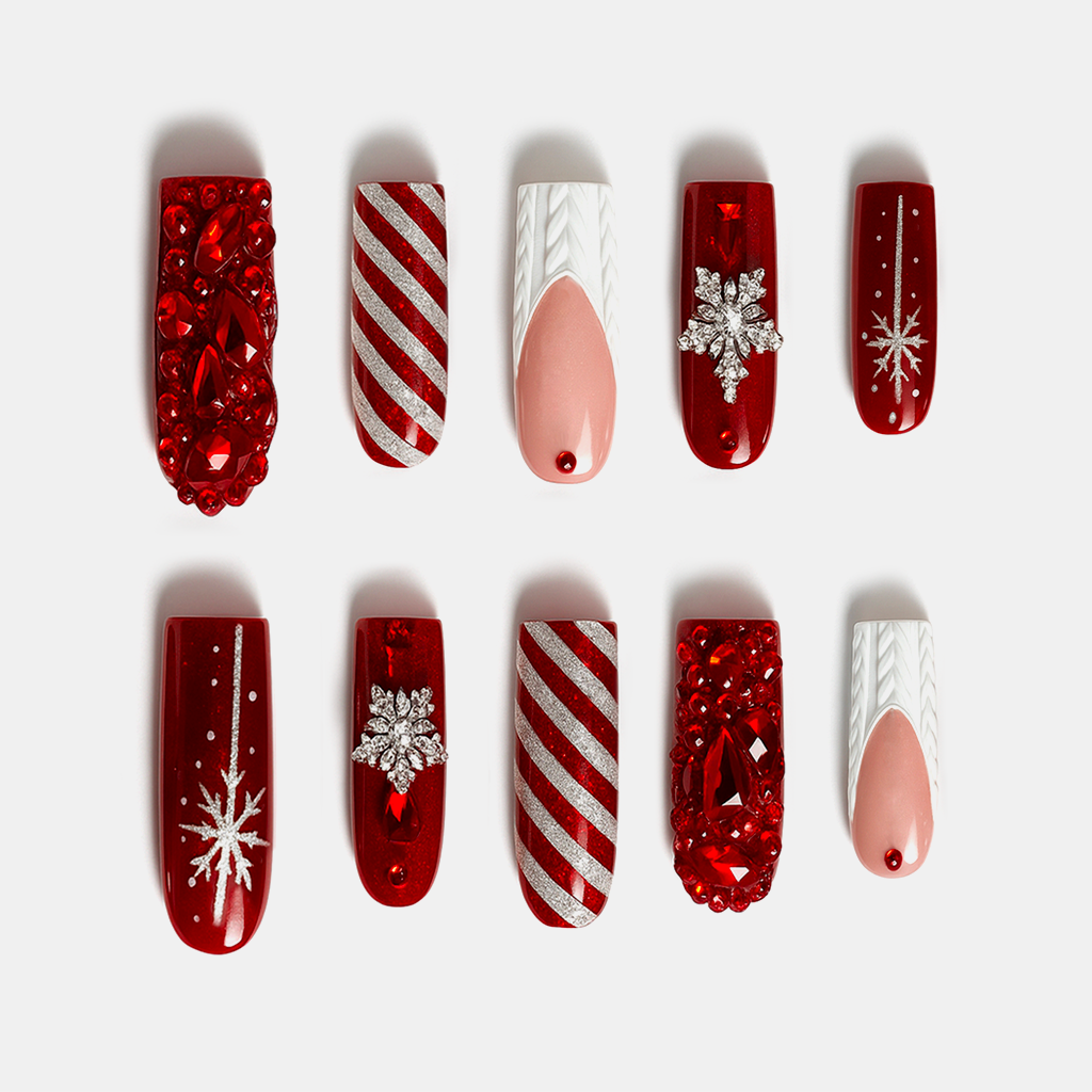 Winter Red Charm – red press-on nails with glitter stripes and 3D snowflake gems for Christmas celebrations