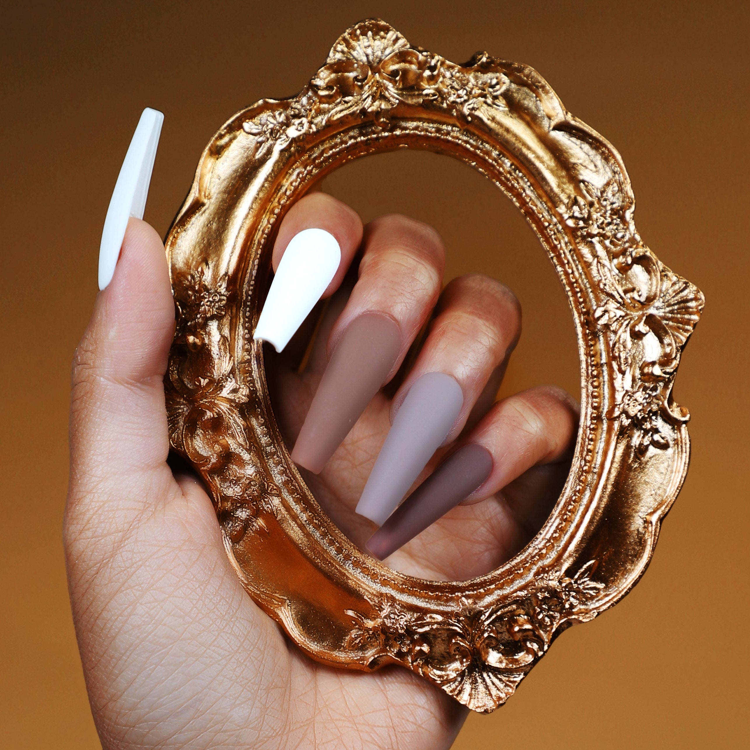 Dresup Brown and White Simplicity matte press on nails in neutral tones. Minimalist everyday false nails for office and casual wear.