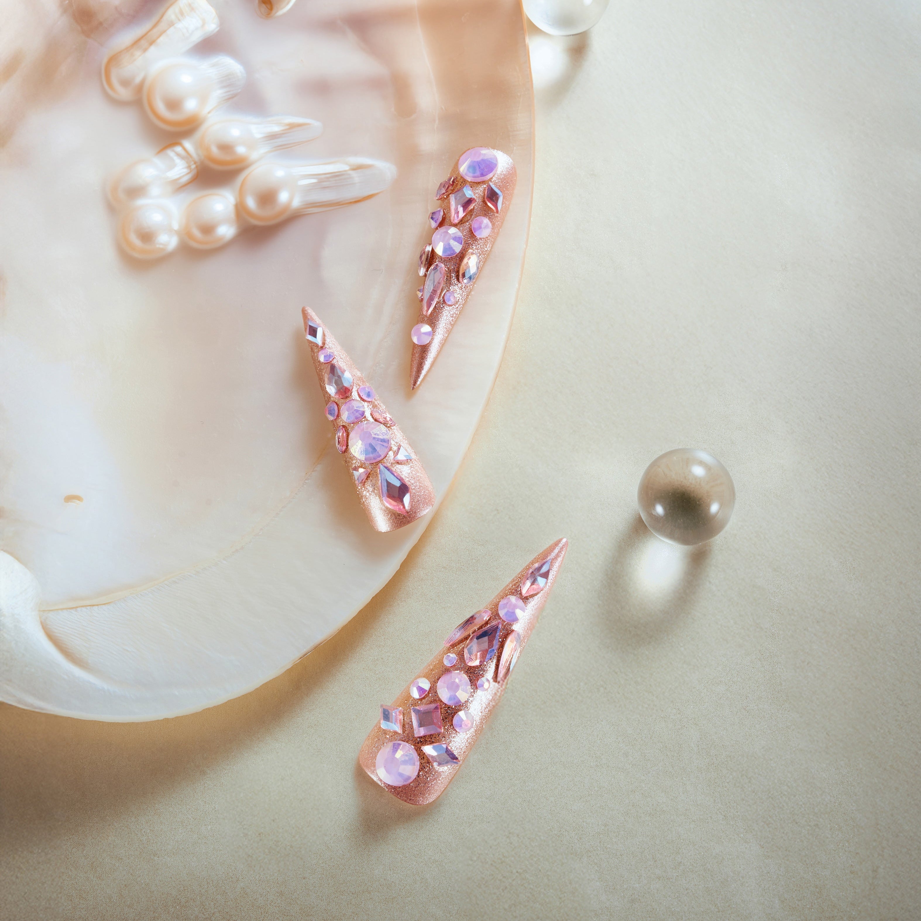 Gemstone Wings luxury long press on nails with 3D gemstones and wing-like crystal placement