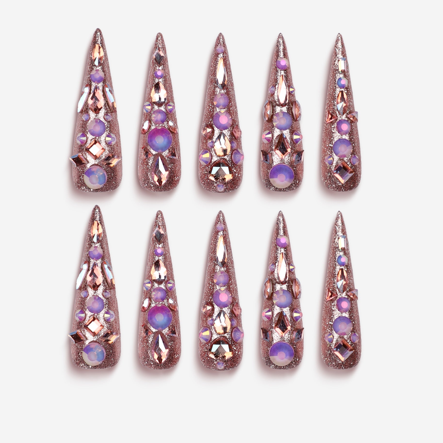 Gemstone Wings luxury long press on nails with 3D gemstones and wing-like crystal placement