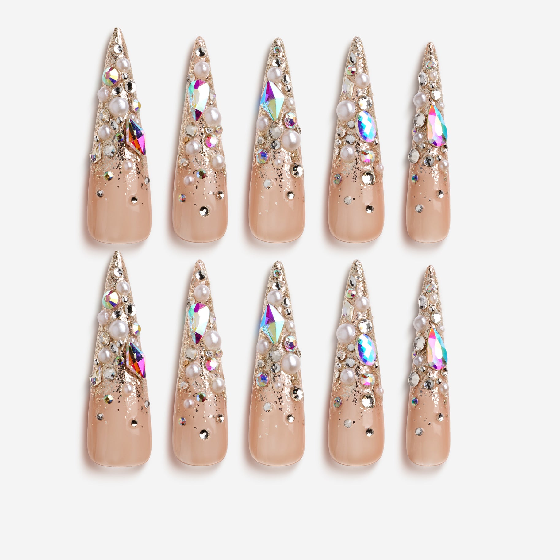 Glittery Cosmos press on nails in rose gold glitter with 3D crystals and gemstone clusters
