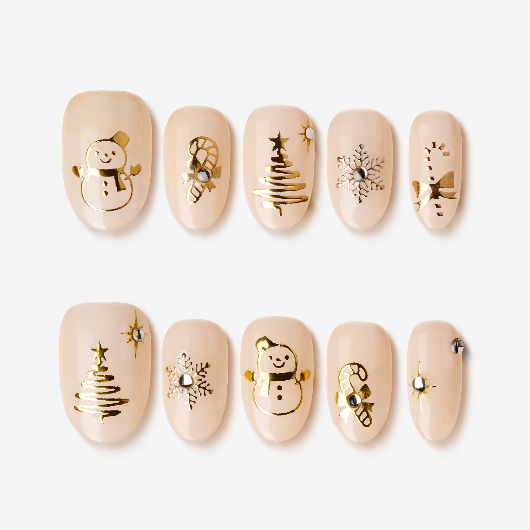 Golden Christmas nails with gold snowman, Christmas tree, candy cane and snowflake designs on nude base
