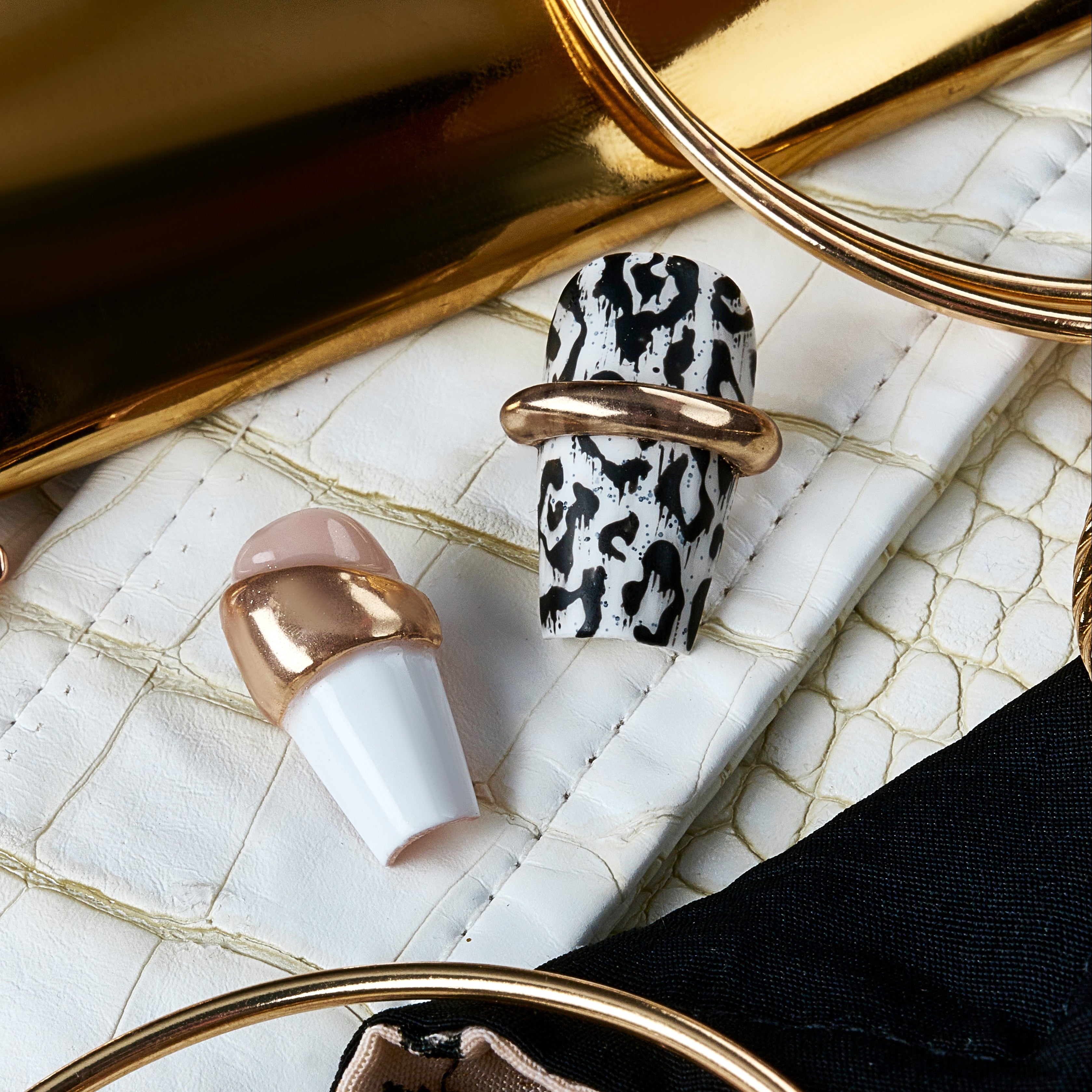 Grey Swirl Gold Band press on nails with minimalist swirl design and gold metal ring accents