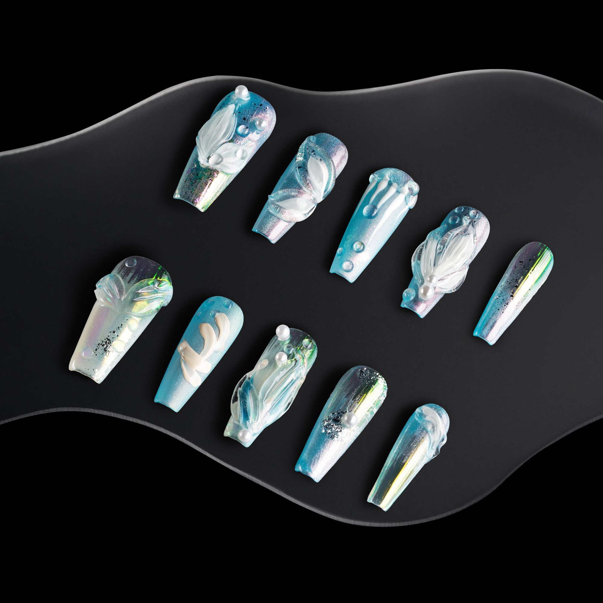 Ice Sea Fairy press-on nails with blue gradient, pearl accents, and 3D ocean-inspired textures