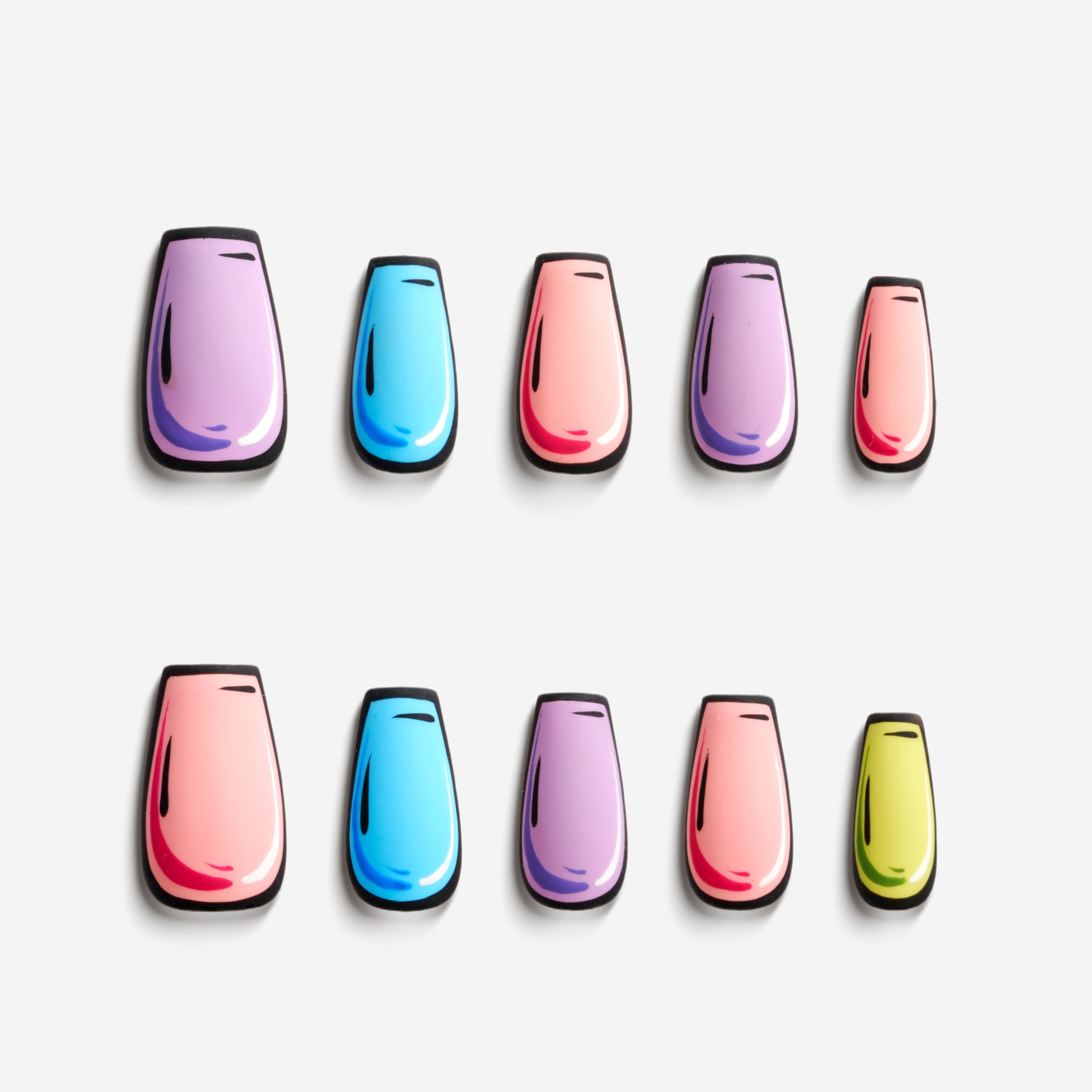 Iridescent Glass press on nails in colorful gradient cartoon style with glossy 3D shine