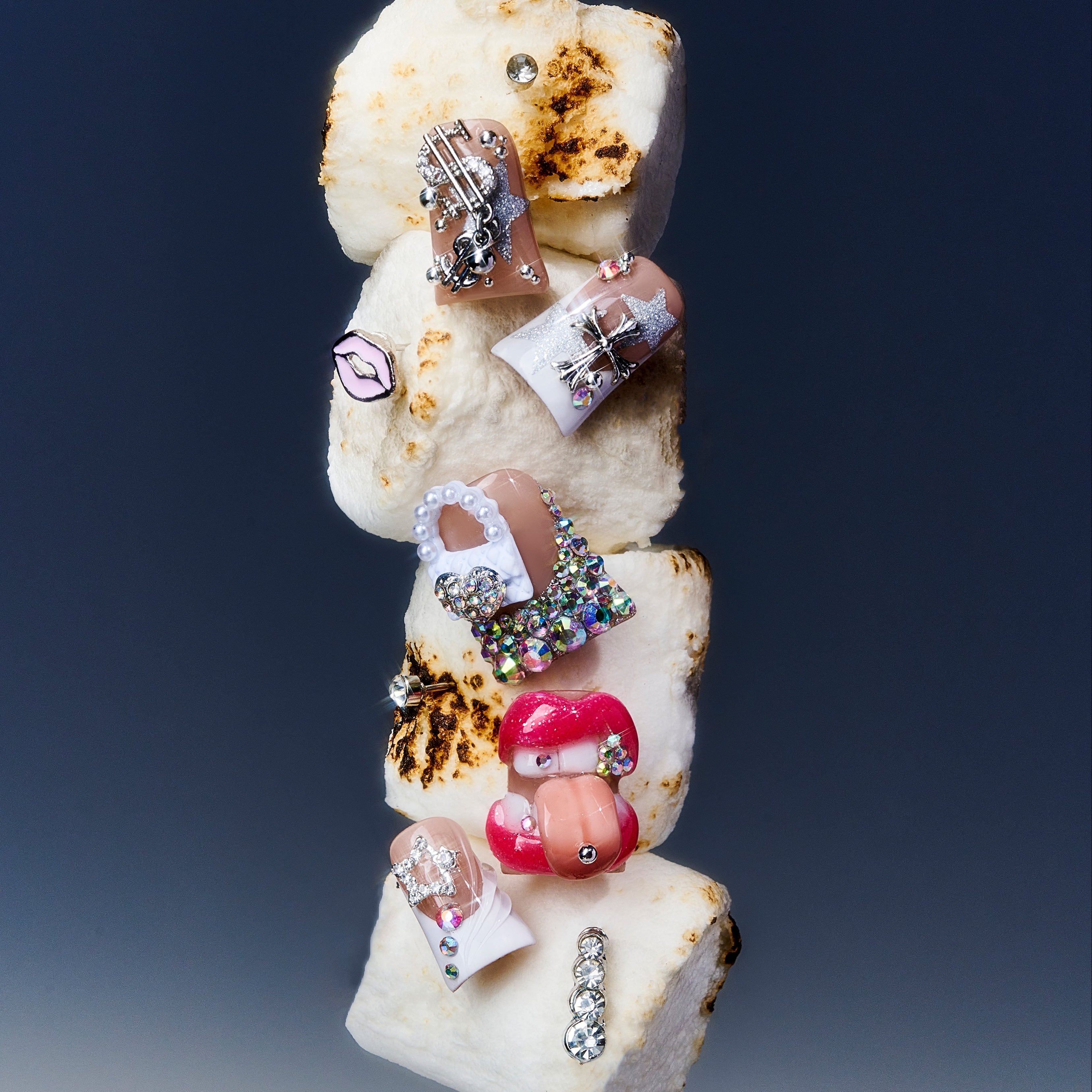 3D red lips press on nails with silver butterfly, rhinestones, and nude base