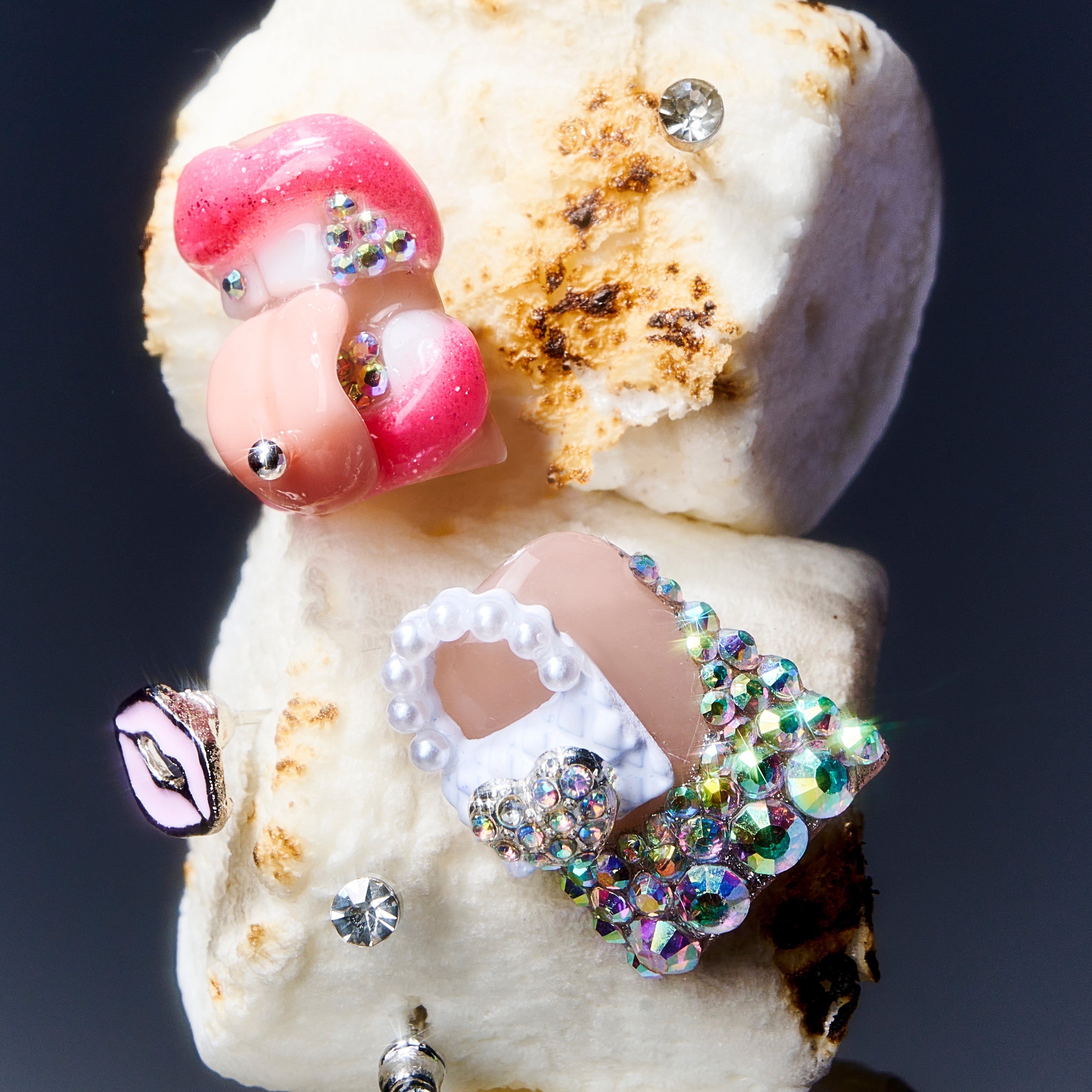 3D red lips press on nails with silver butterfly, rhinestones, and nude base