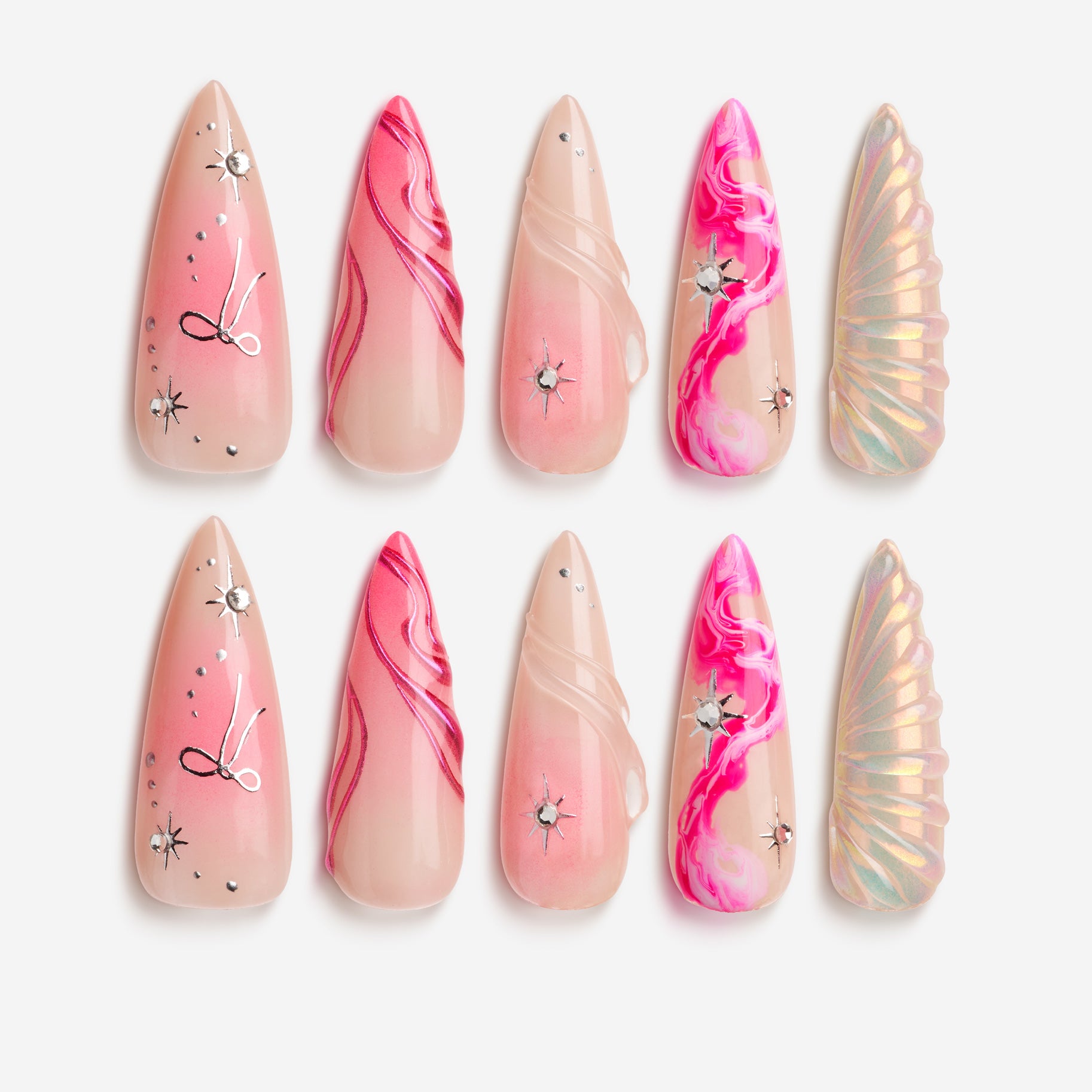 Radiant Sheen long almond press on nails with pink gradients and iridescent wing detail