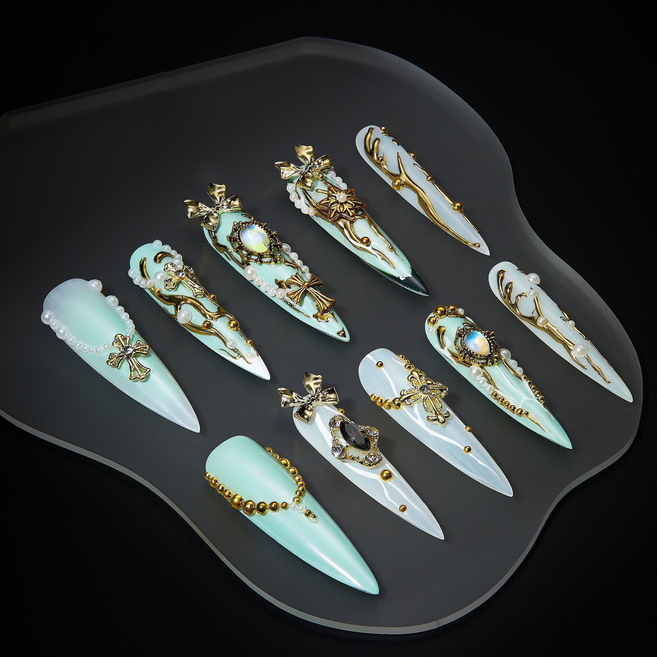 Regal Feather Adornment luxury emerald and white press on nails with gold 3D ornaments, pearls and gemstone details