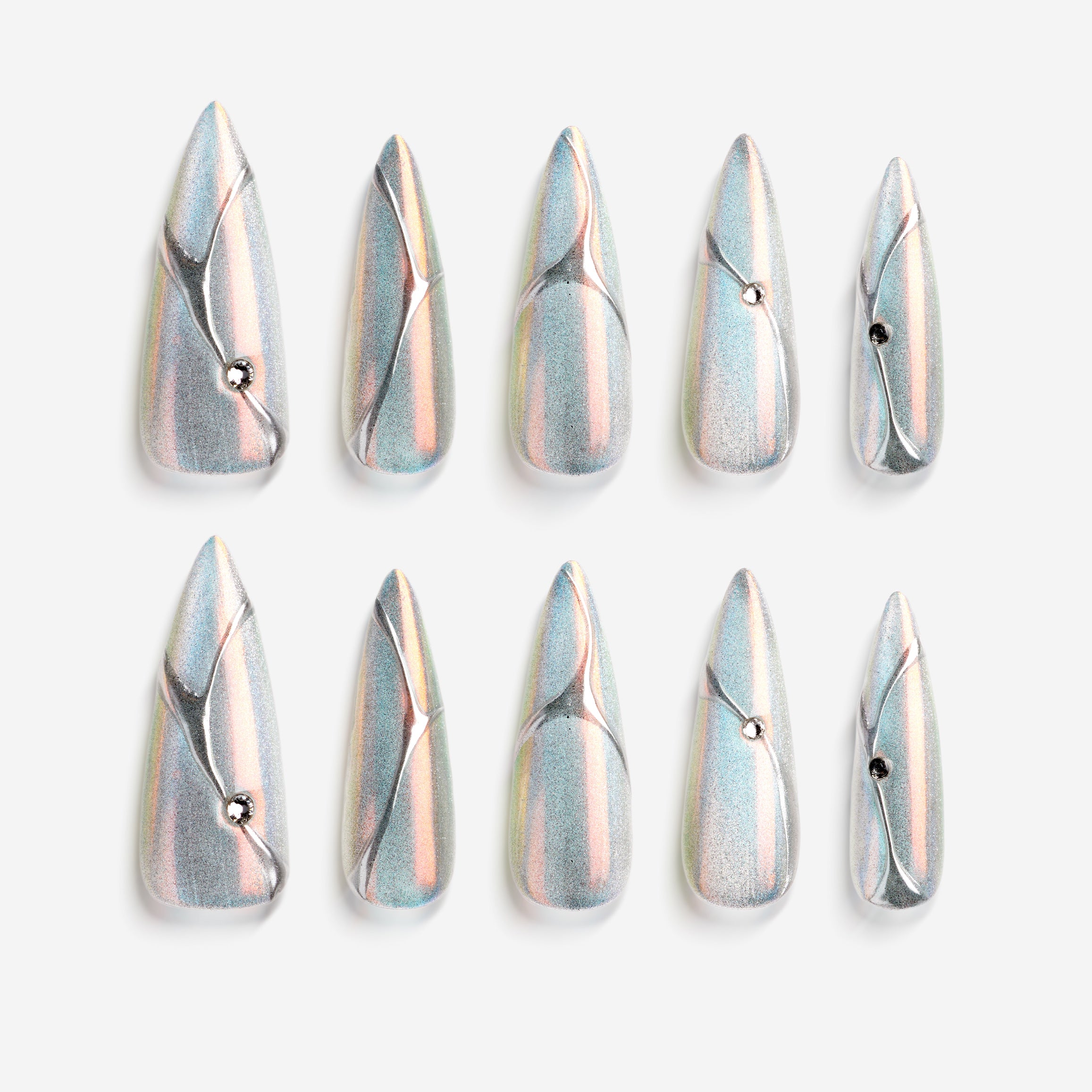 Holographic silver stiletto press on nails with metallic lines and minimalist chrome shine