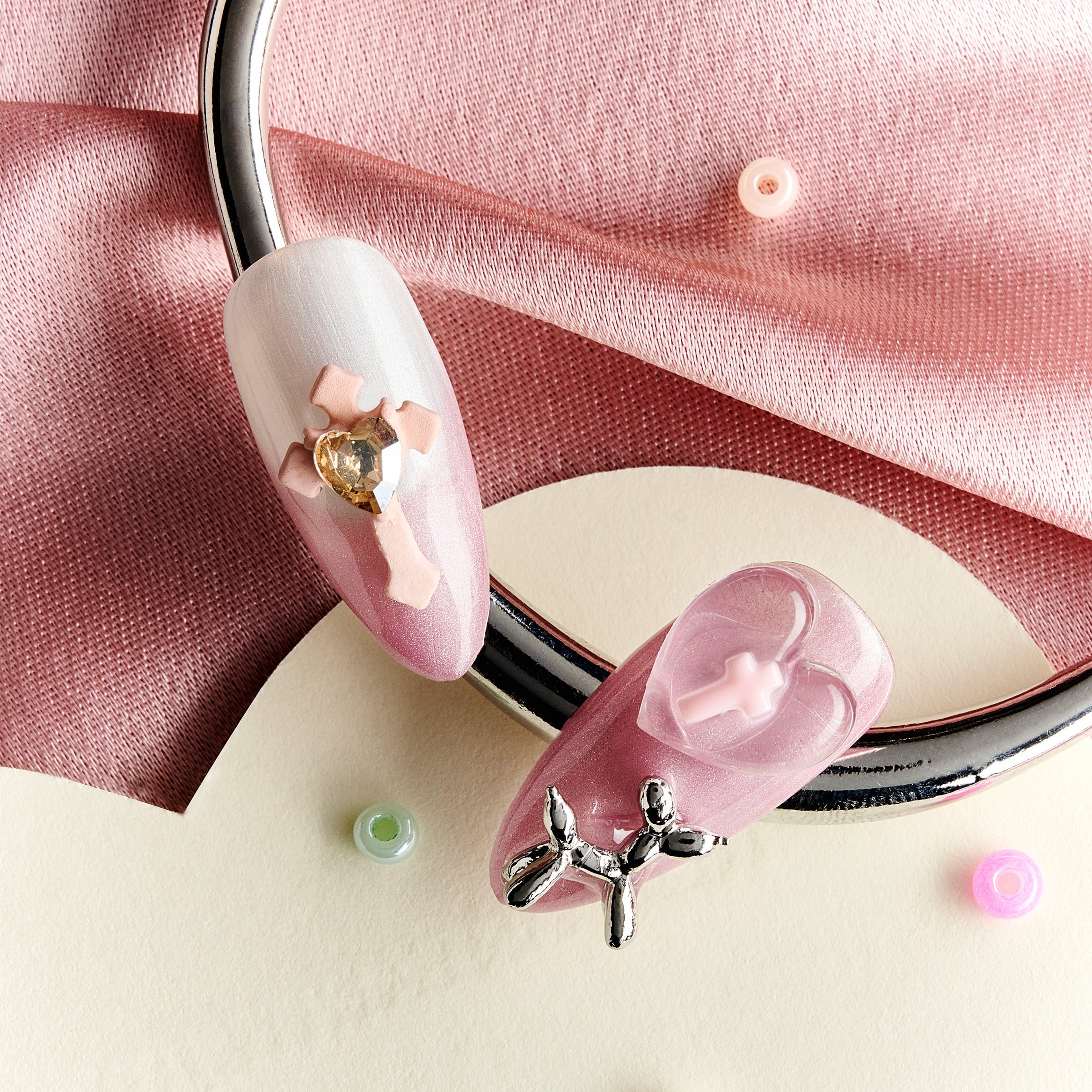 Pastel handmade press on nails with soft tones and 3D details. Reusable nail art set for everyday elegance.