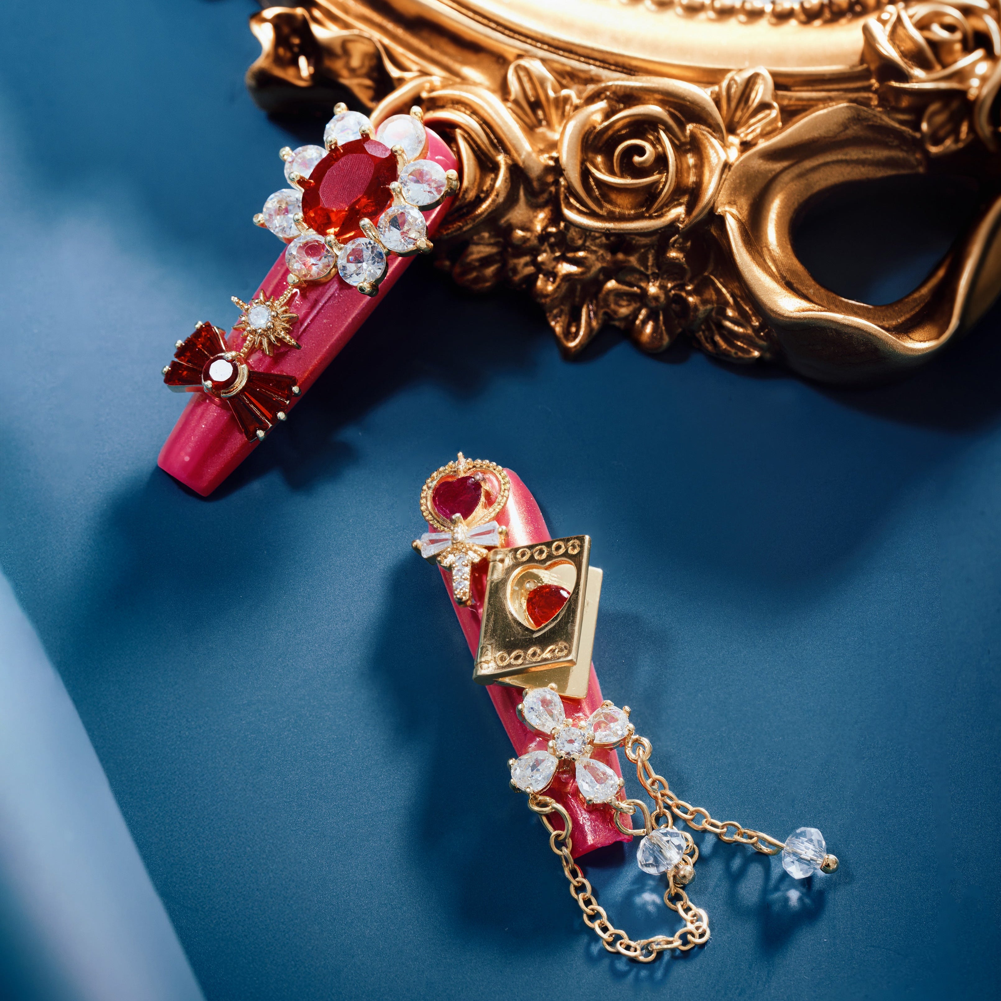 Luxury press on nails with an openable heart charm inspired by a Pandora-style love locket. Handmade, reusable, and jewelry-inspired.