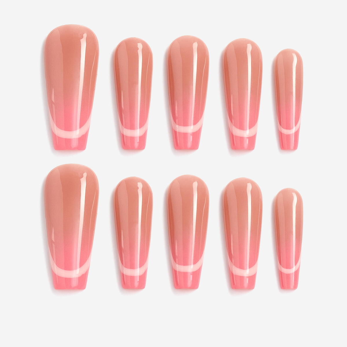 Neon pink outline press on nails with soft nude base, long glossy shape, reusable salon-quality false nails.