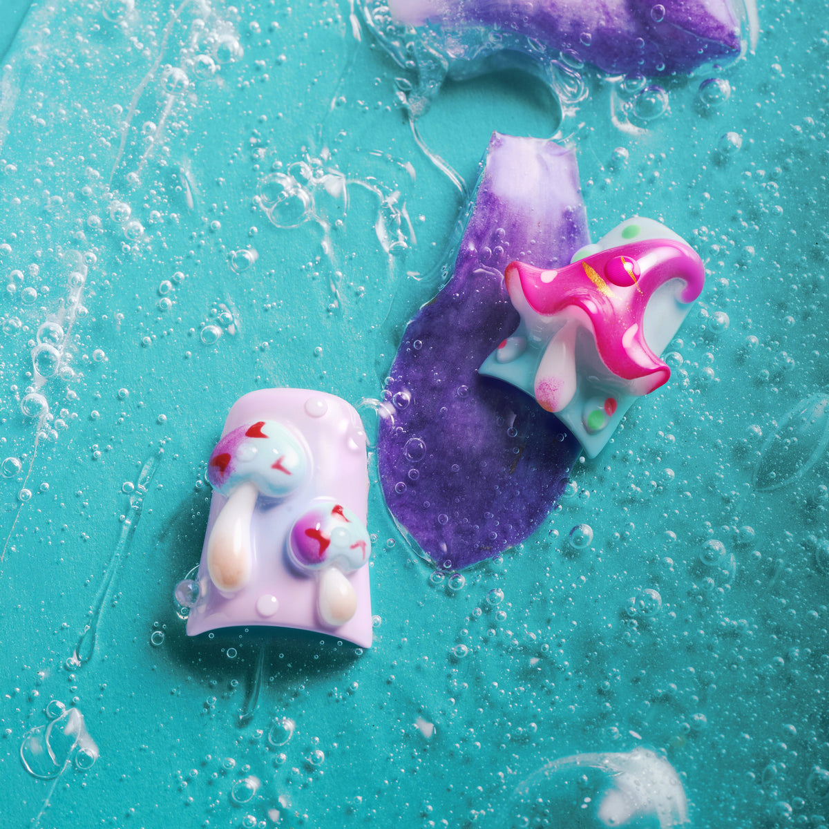 Pastel fantasy press on nails with 3D mushrooms, floral details, and dreamy gradient nail art.