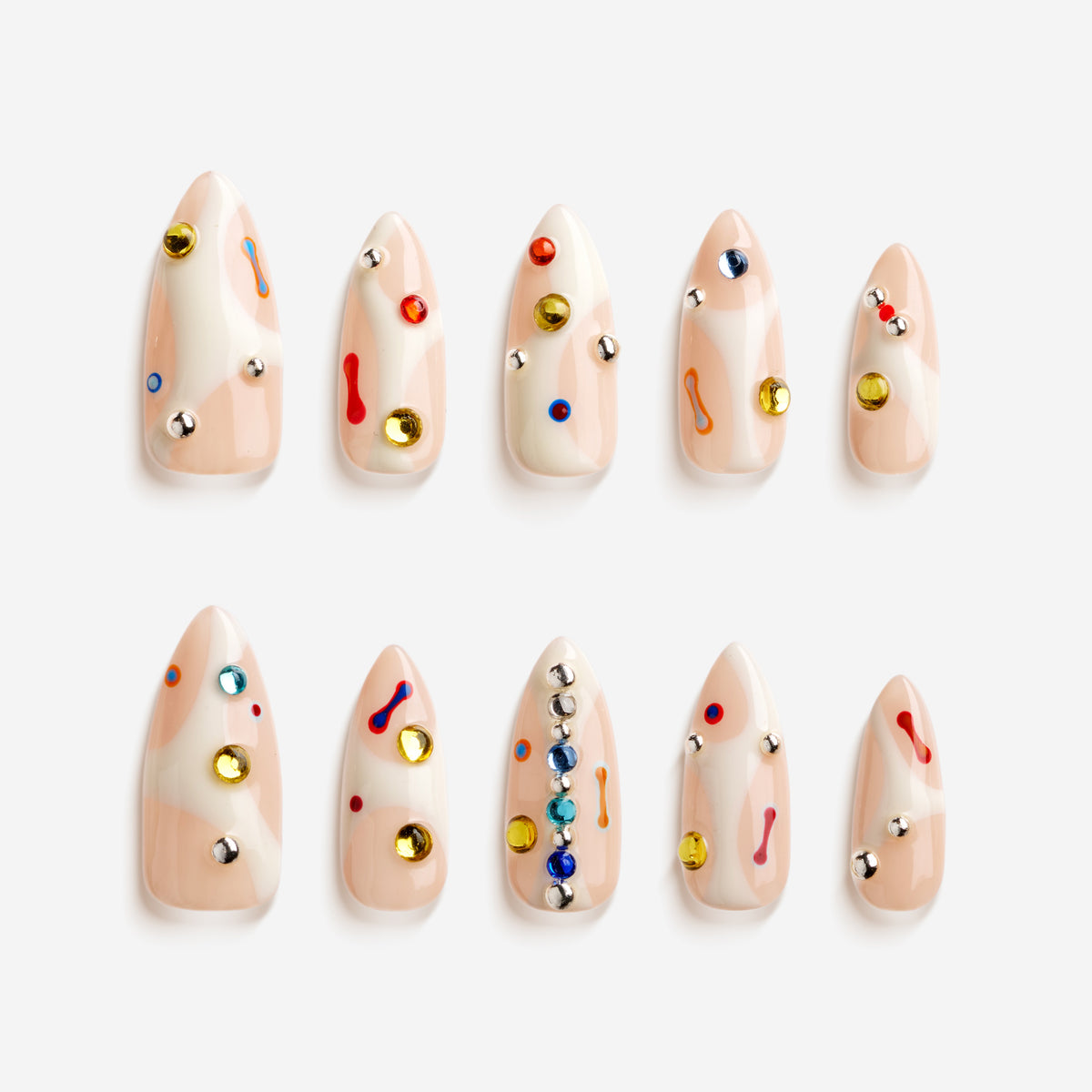 Luxury 3D gem press on nails with pearls, metallic textures and multi-layer embellishments.