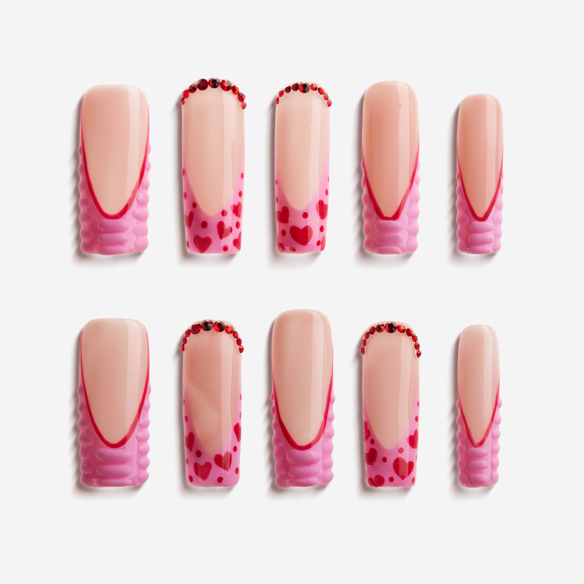 Pink flutter press on nails with heart tips and textured pink 3D edges, long coffin nails, cute valentine style.
