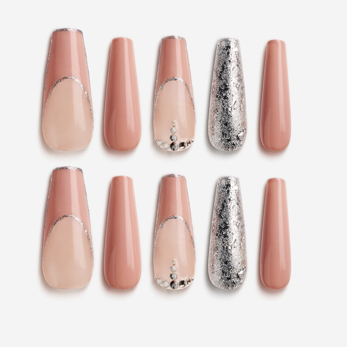 Pink French elegance press on nails with soft nude base, silver glitter French tips, and rhinestone accents.