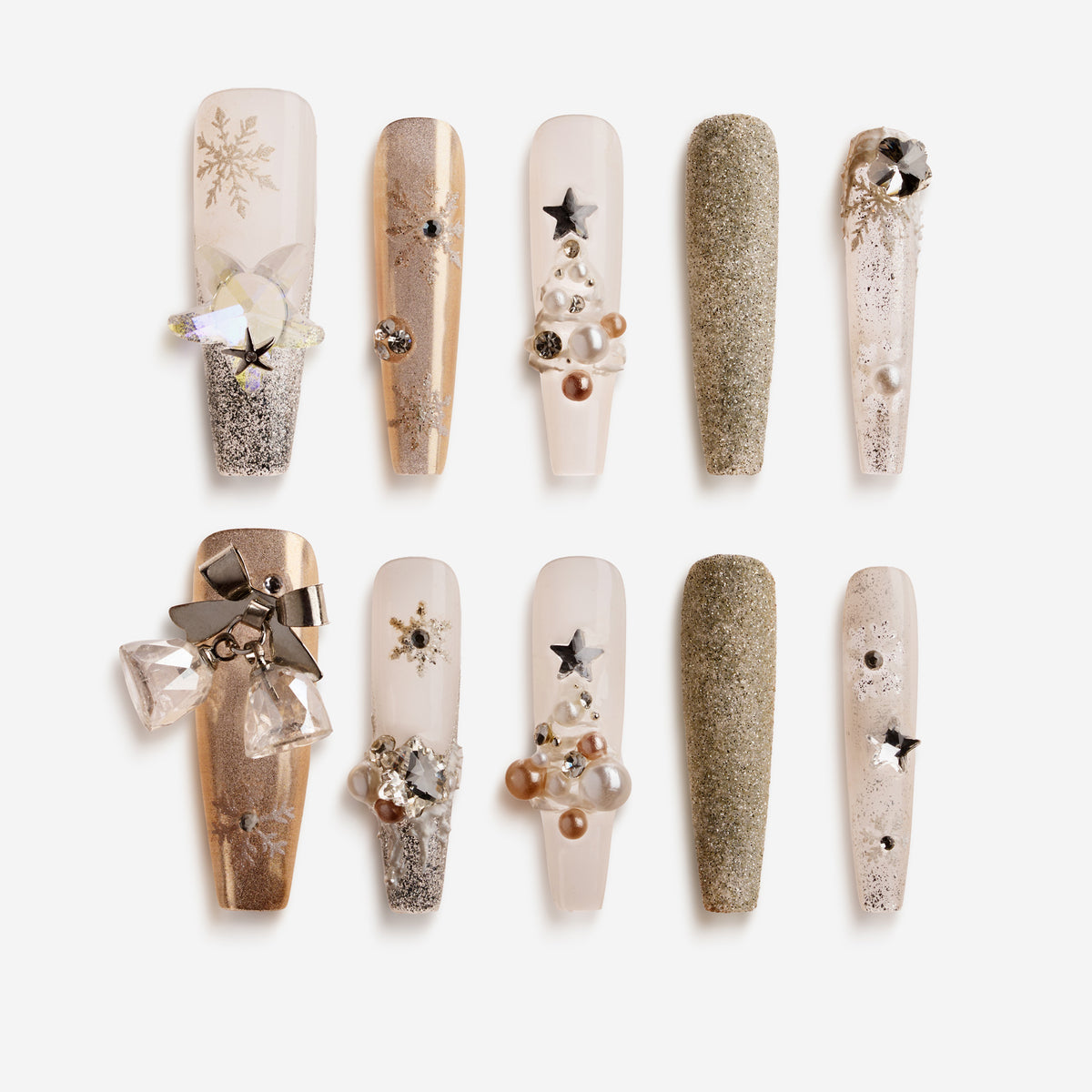 Snowland Gleam – silver and champagne press-on nails with pearls, glitter, and star accents for Christmas and New Year
