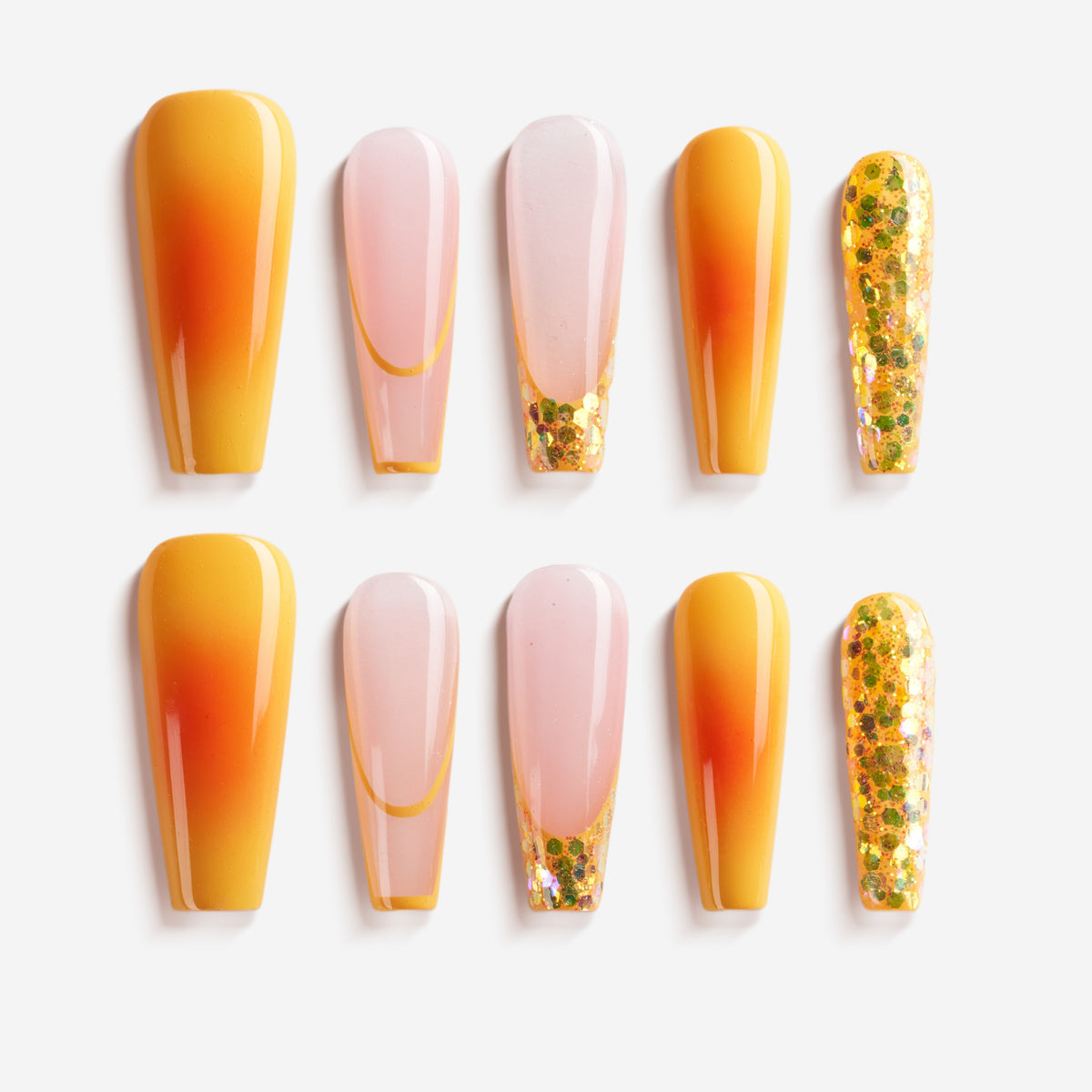 Warm amber gradient press on nails inspired by sunset tones. Glossy, elegant and reusable.