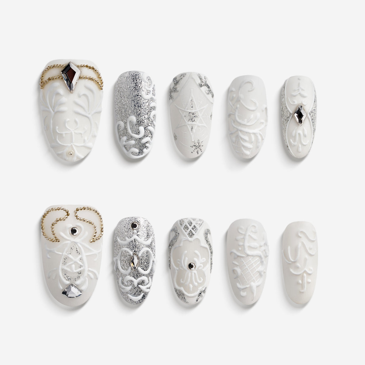 White sculpted pearl wedding press on nails by BOXNAIL. Classic bridal manicure for formal weddings.