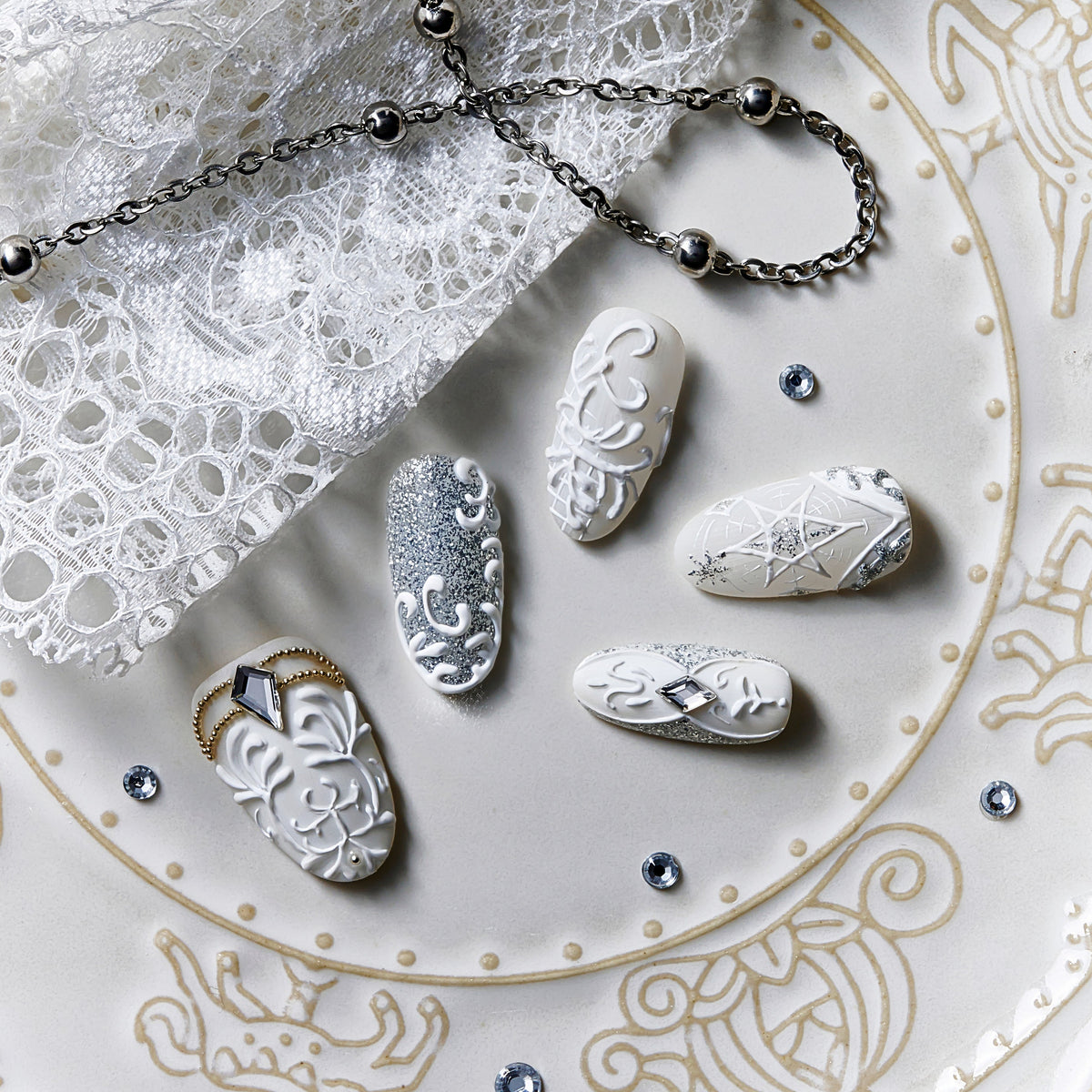 White sculpted pearl wedding press on nails by BOXNAIL. Classic bridal manicure for formal weddings.